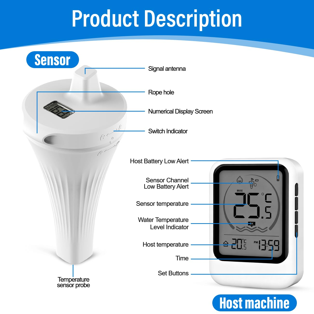 Pool Thermometer Floating,Waterproof Easy Read Wireless Pool Thermometer,-40&deg;C to +70&deg;C,LCD Screen Digital Pool Thermometer,For Outdoor Indoor Swimming Pools, Spas,Hot Tubs image number 6