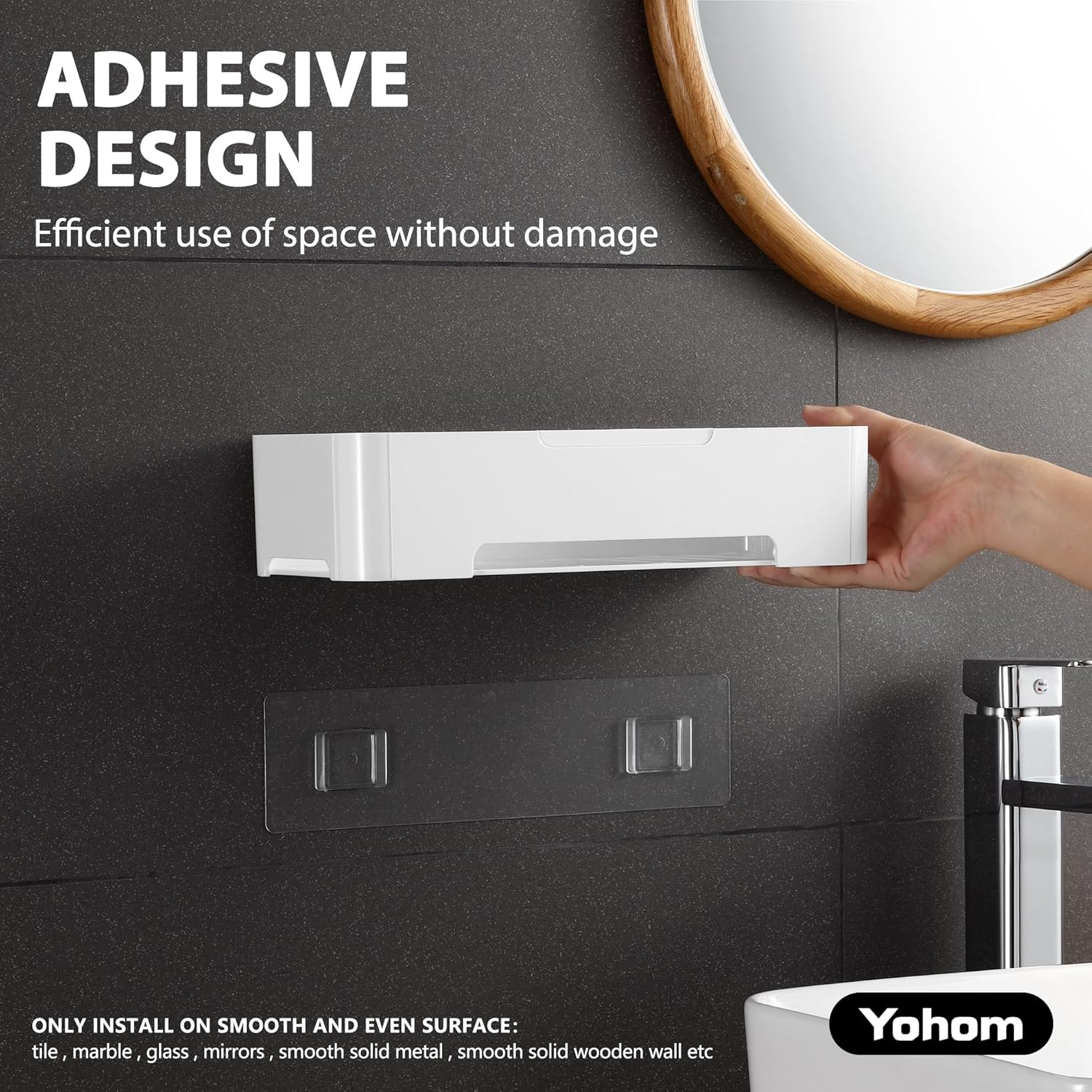 YOHOM Bathroom Shelf Adhesive Shower Caddy for Tile Wall Stick on Shower Shelf No Drilling White Shampoo Holder Organizer Plastic image number 6