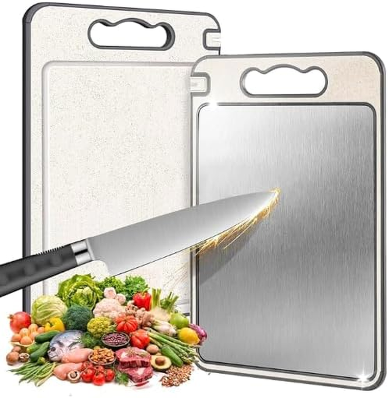 MYLB Double-Sided Chopping Board for Kitchen 304 Stainless Steel Wheat Straw PP Practical Size 36.5Cm X 25Cm, Non-Slip Edges, Deep Juice Groove, Bpa-Free, Easy to Clean, Perfect for Everyday Use