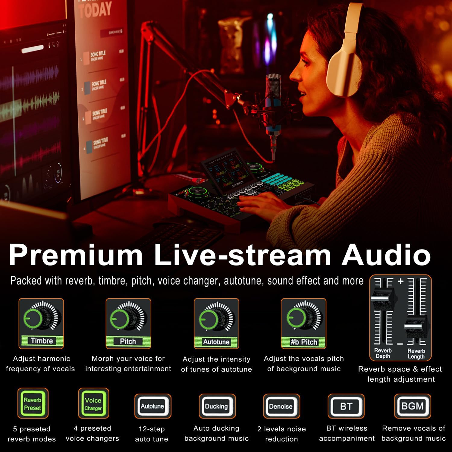 Audio Interface with Mixer and Sound Card, Tenlamp G10 USB Sound Mixer with Voice Changer Soundboard, Studio Portable All-In-One XLR Mixer for Phong PC Live Streaming Podcast Gaming Recording image number 3