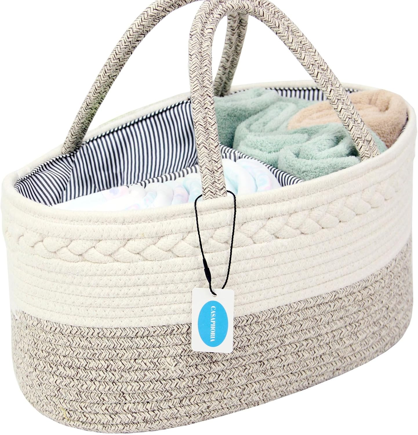 Casaphoria Caddy Organization Woven Cotton Rope Basket Storage Caddy or Gift, Soft Circular Basket with Handle, Cotton Material,Light Brown(15.5"X10"X7.5") image number 4