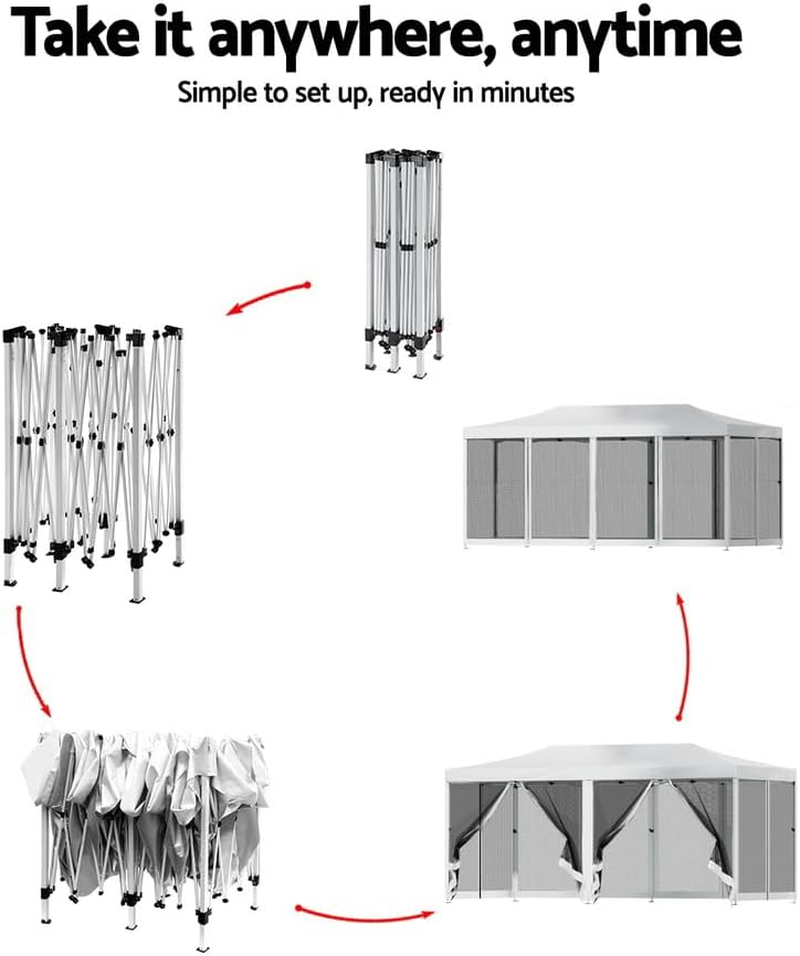 Instahut 3X6 Marquee Gazebo, Pop up Camping Tent Wedding Gazebos Garden Shed Outdoor Party Canopy Patio Carport Car, Mesh Window Wall 2 Door Panel Carry Bag Water Resistant and UV White image number 3