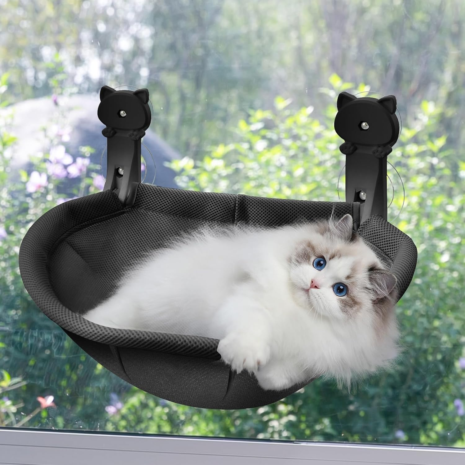 Homegroove Cat Window Perch, 18 X 12 Inch Foldable Cat Hammock for Window with Sturdy Metal Frame, Breathable Cordless Window Bed for Resting Seat for Indoor Cats (Black, 45 X 30 CM)