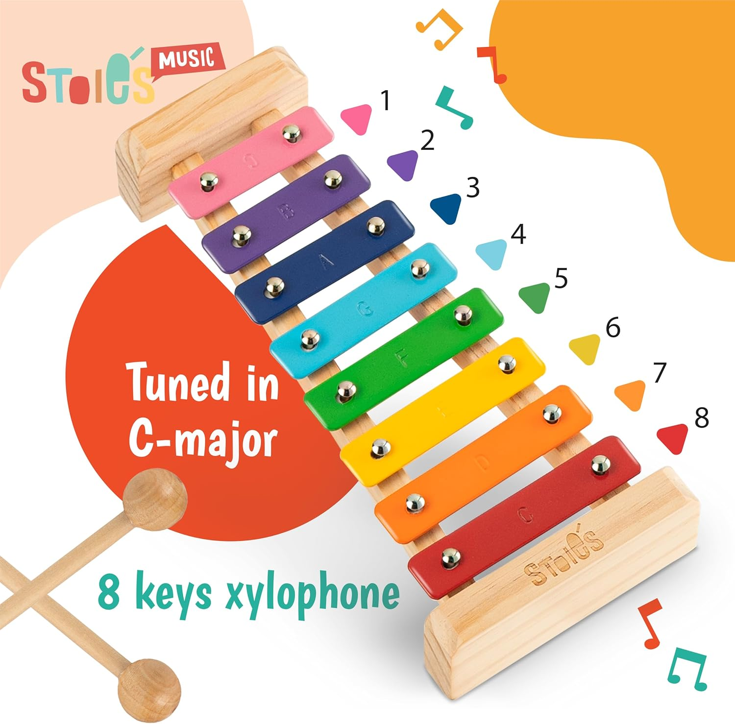 Stoie'S Rainbow Wooden 8 Notes Xylophone for Kids and Toddlers, Tuned C-Key Xylophone with Mallets and Music Songbook, Kids Musical Instrument Educational Montessori Toy image number 3