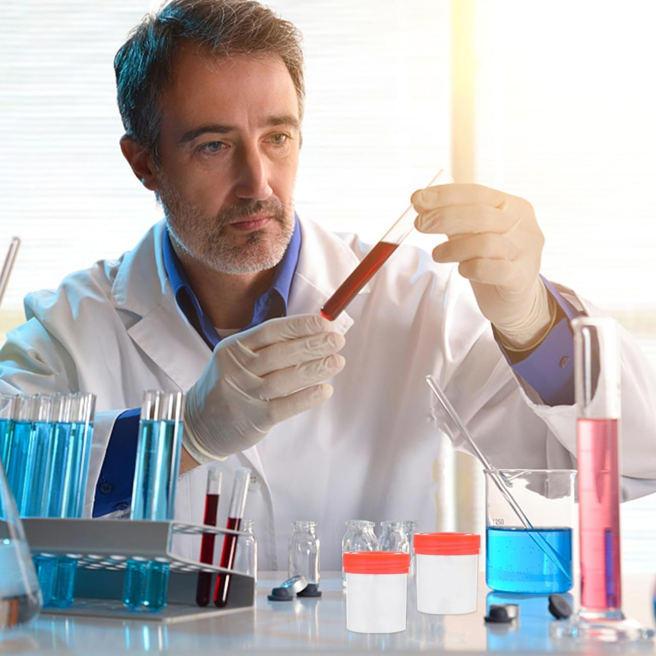 GLEAVI Cups with Leak-Resistant Screw Caps 2.25Oz Plastic Sample for Medical Testing and Laboratory Use