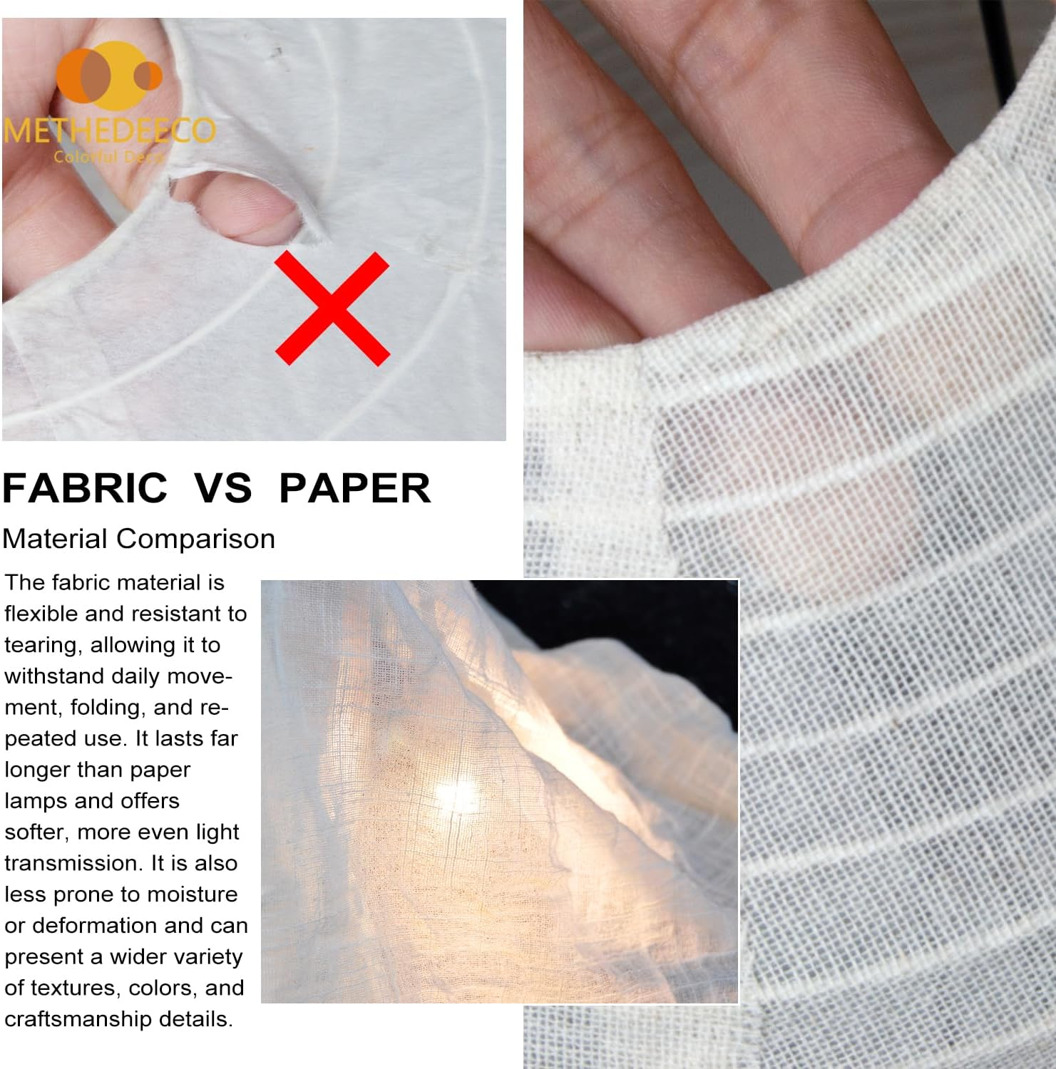 METHEDEECO - 2 Pack 16 Inch Fabric Hanging Shade Handmade Linen Minimalist Boho White Beige Foldable Living Room Home Gift