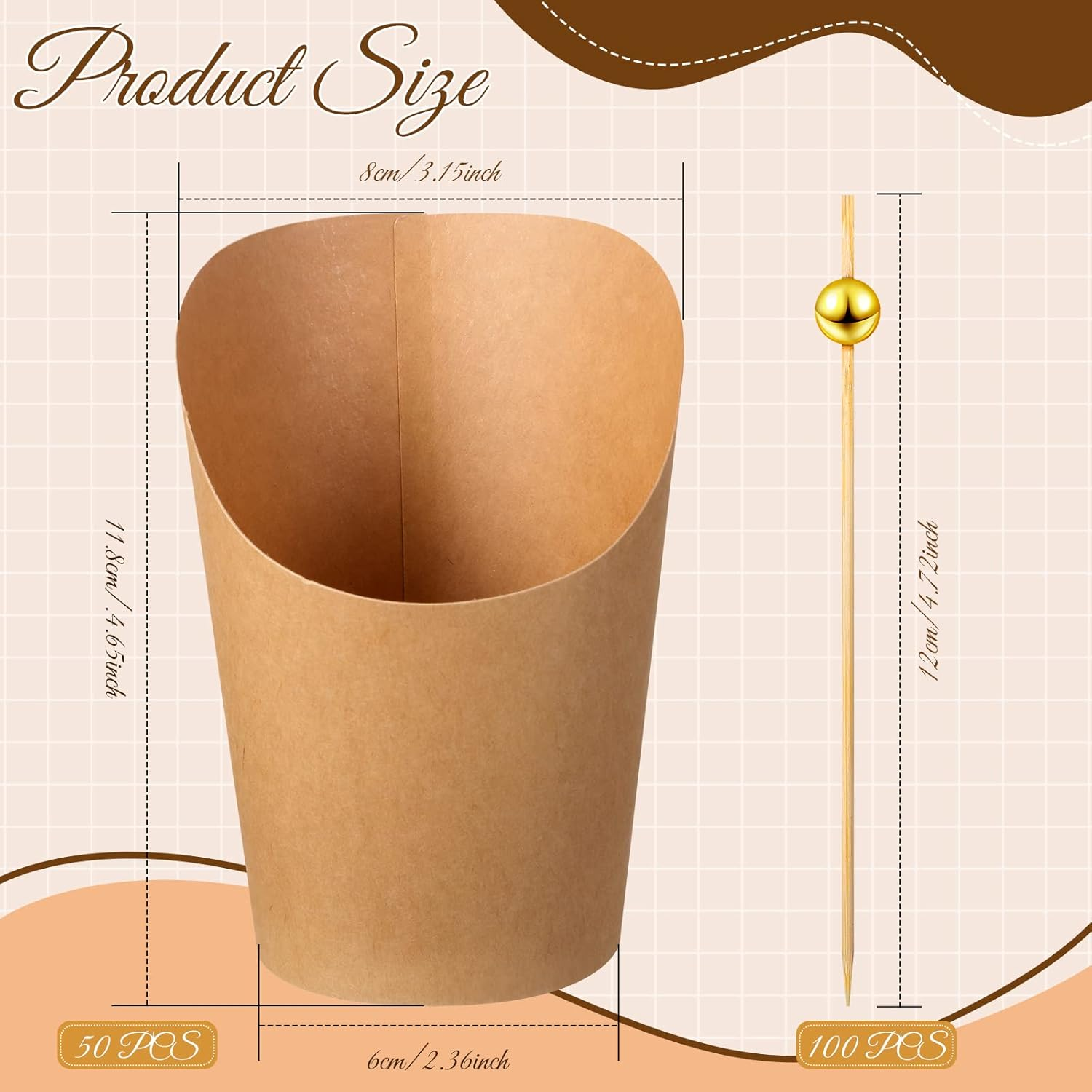 50 Pcs 14 Oz Disposable French Fries Cups Charcuterie Waffle Paper Popcorn Kraft Paper Boxes and 100 Pcs 4.7 Inch Wooden Cocktail Toothpicks Appetizers Fruits Dessert Sticks image number 2