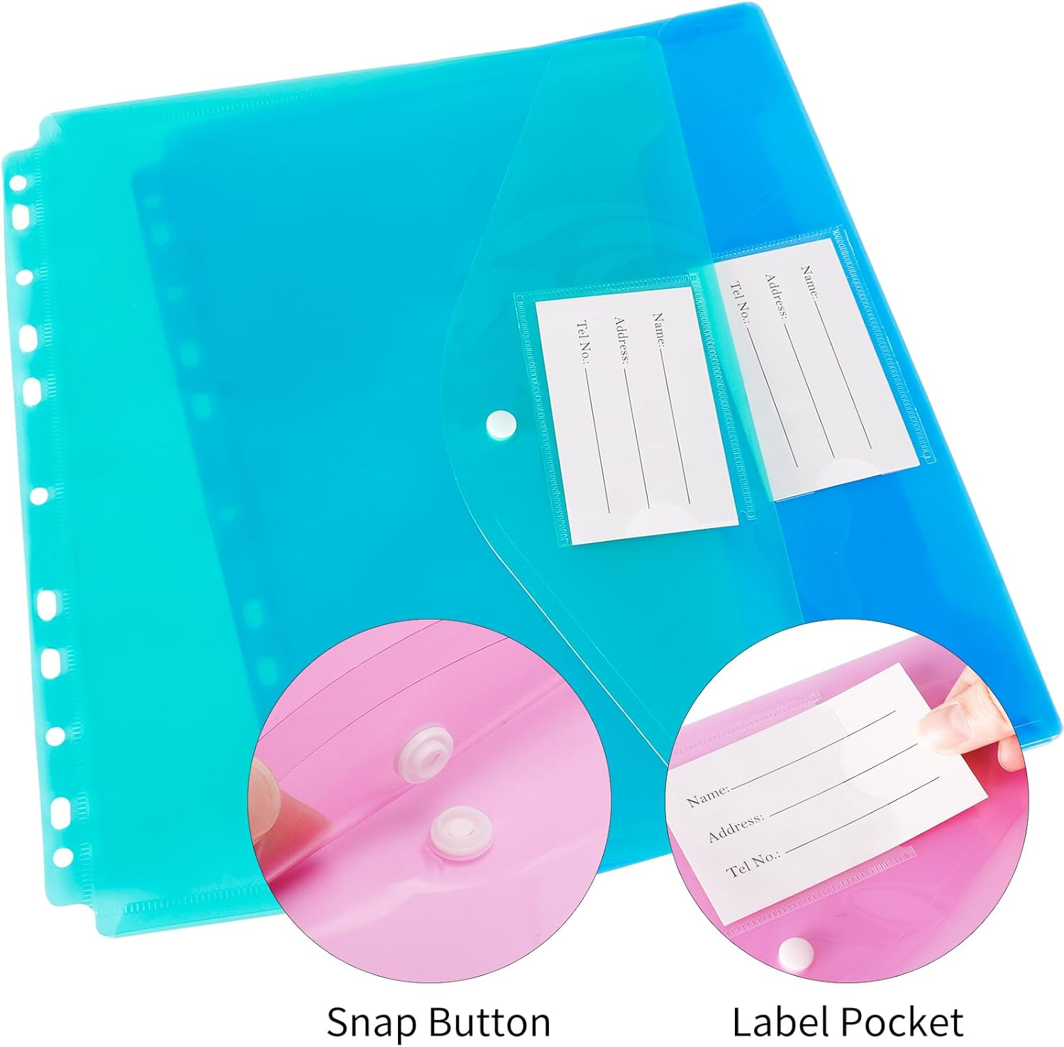 EOOUT 30Pcs Binder Pocket, Binder Pockets for 3 Ring, Binder Folders, 11 Holes, Letter Size, Snap Button Pouch with Label for School, Home and Office image number 1