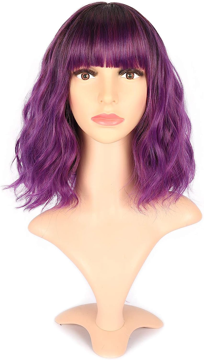 VCKOVCKO Pastel Wavy Wig with Fringe Short Bob Purple Pink Wig Curly Wavy Shoulder Length Pastel Bob Synthetic Cosplay Wig for Girls Colourful Costume Wigs (12 Inches, Purple Pink)