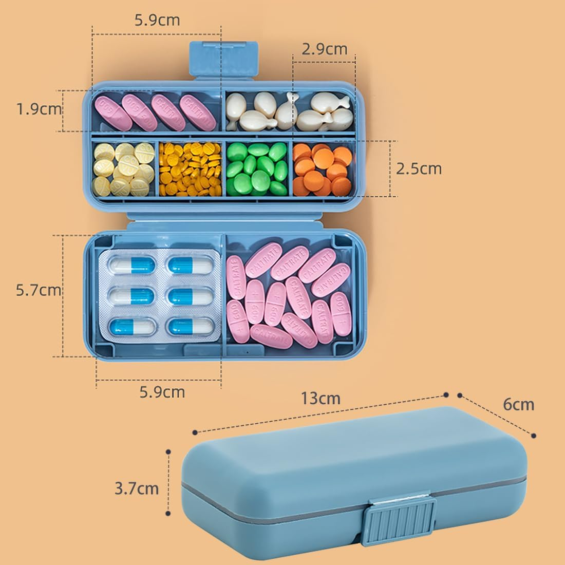 Daily Pill Organizer, BPA Free 8 Compartments Portable Travel Pill Case Foldable Pill Box for Medication, Vitamin, Fish Oil and Supplements, Blue image number 4