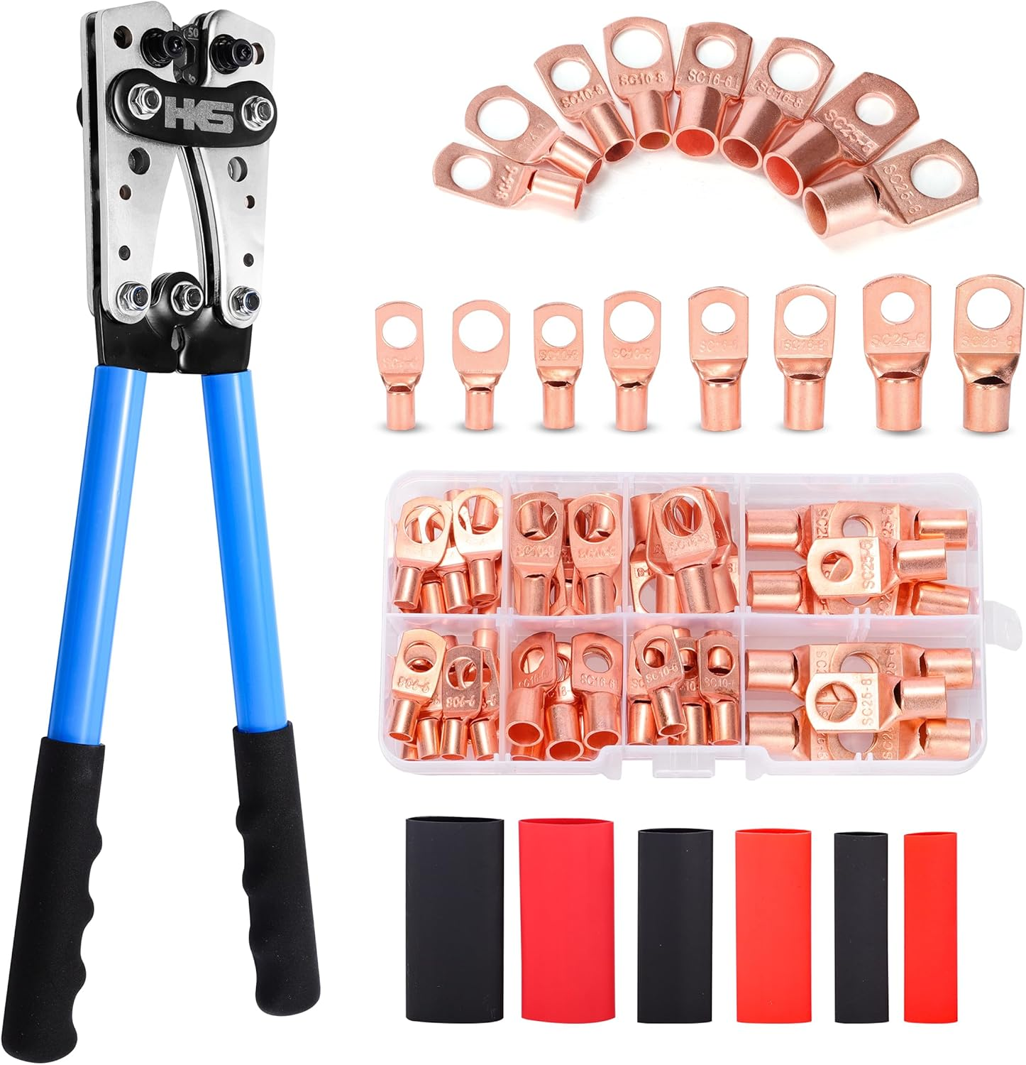 Aucent Battery Cable Lug Crimping Tool Wire Crimper with 60Pcs Lugs and Wire Cutter AWG 10-1/0 for Copper Ring Terminals
