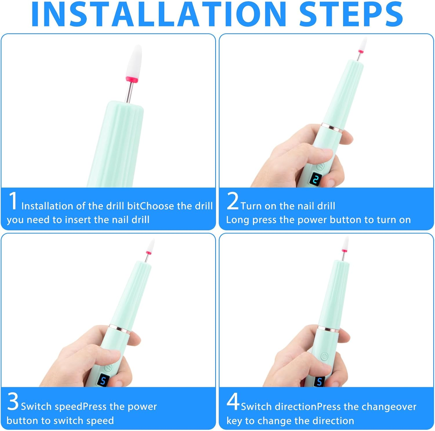 Cordless Electric Nail Drill with 360&deg; Ring Light, Portable Nail File Kit for Acrylic, Gel Nails, Portable Home Manicure Kit for Manicure and Pedicure(Turquoise) image number 6