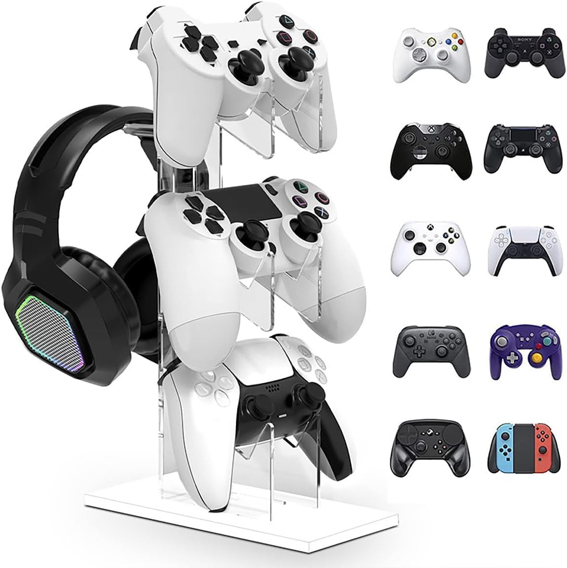 SAHENITEANA Controller Holder 4 Tiers, Gaming Headset & Controller Stand Compatible with PS5/PS5 Slim/Ps5 Pro PS4 Xbox Nintendo Switch Pro, Desk Organizer Accessories,White