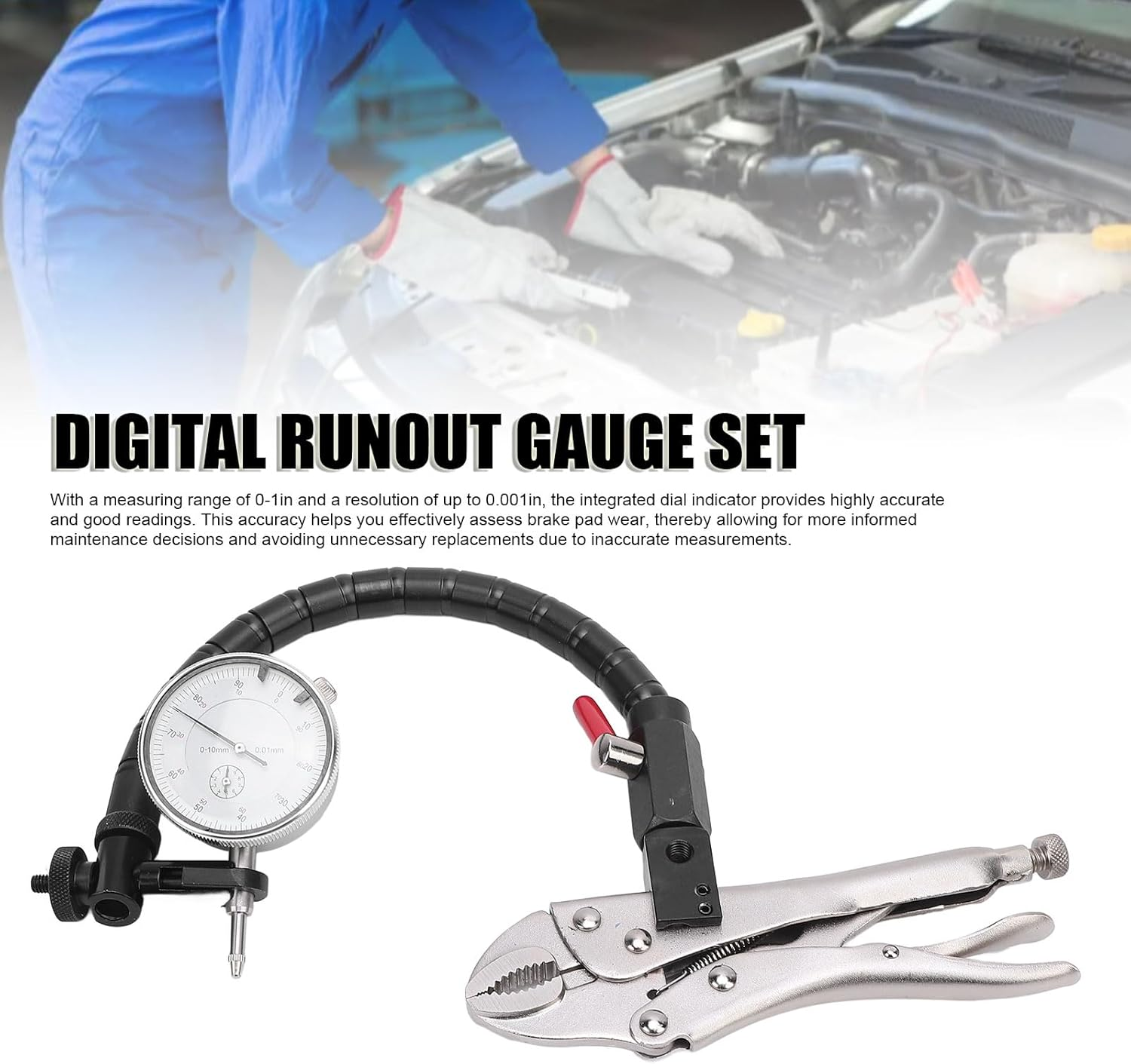 Disc Brake Rotor Gauge, Ball Joint Runout Set Dial Indicator 1 Inch / 0.001 Inch, Flexible Arm Clamp Locking Vise, Flatness Measurement Tool for Automotive, Mechanical, Industrial image number 1