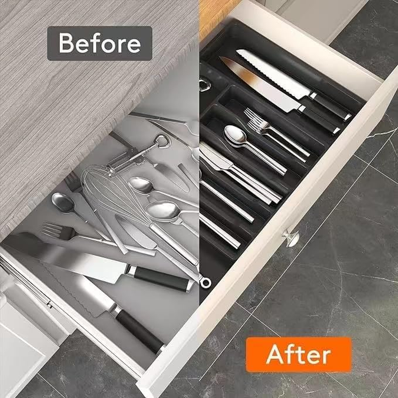 Drawer Organiser Expandable Tray for Kitchen or Office,Adjustable Silverware Flatware/Stationery Holder, Compact Plastic Storage for Spoons/Forks/Knives/Pens/Sticky Notes (GREY)