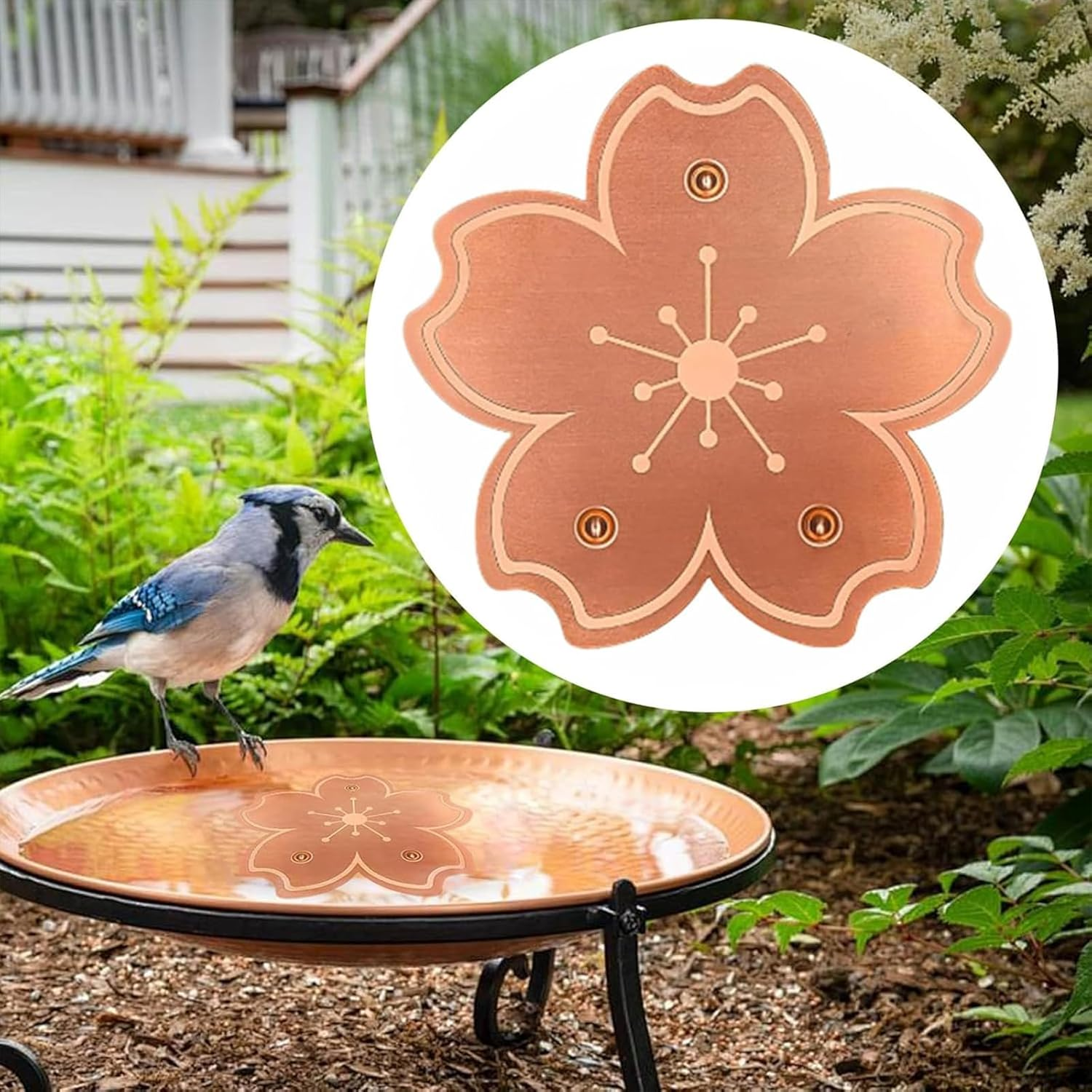 Flower Pattern Copper Bird Bath Disk, 3-Point Support Physical Cleaner for Outdoor Bath Bowls, Purifies Water Safely & Reduces Cleaning Frequency All-Season