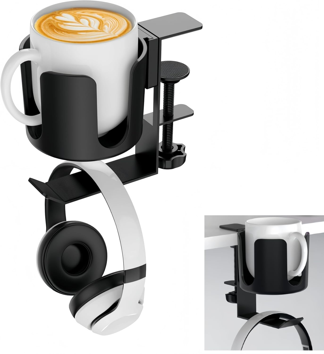 2 in 1 Desk Cup Holder with Headphone Hanger Holder,Adjustable Anti-Spill Tumbler Holder,For Desk or Table Clip on Tumbler Holder Nonslip Tableside Cup Holder,For Coffee Water Cups Headphone