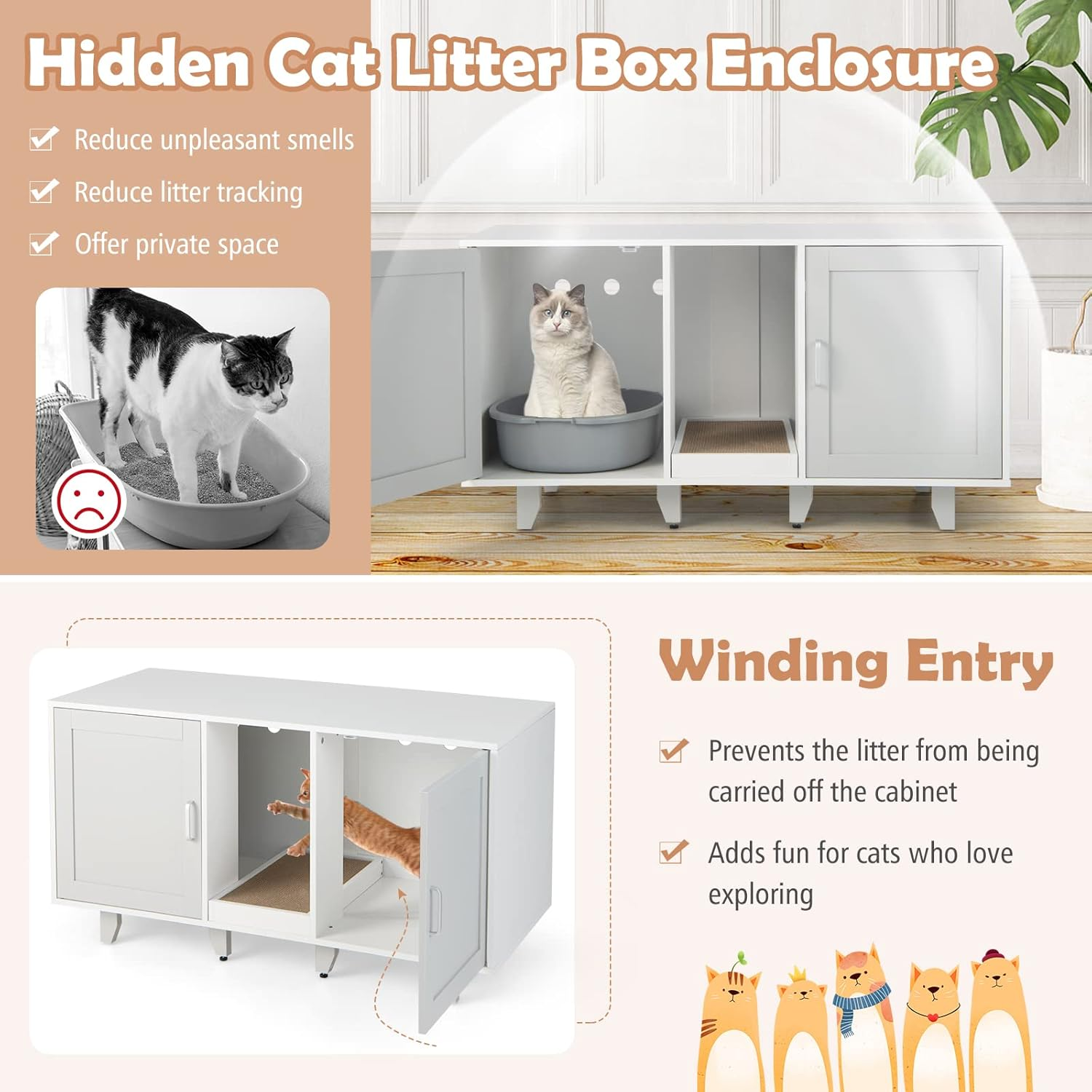 Costway Cat Litter Box Enclosure Bench, Hidden Cat Box Washroom W/Doors, Removable Scratch Box, Water & Scratch-Proof, Cat Washroom House End Table for Indoor Cat image number 3