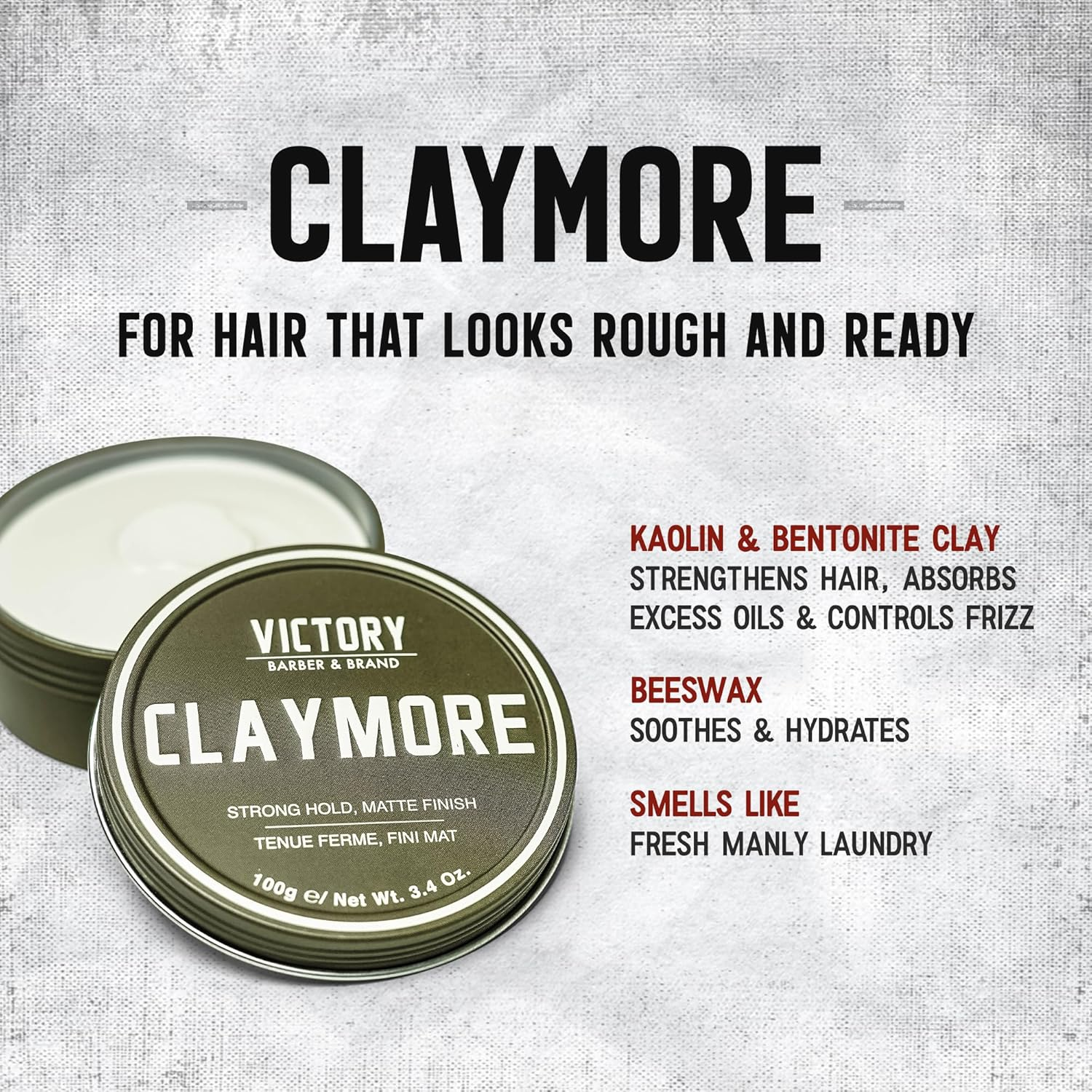 Victory Barber & Brand Claymore Men&rsquo;S Hair Clay: Strong Hold Matte Finish Clay Pomade for Textured Styles in Short-Medium Hair image number 1