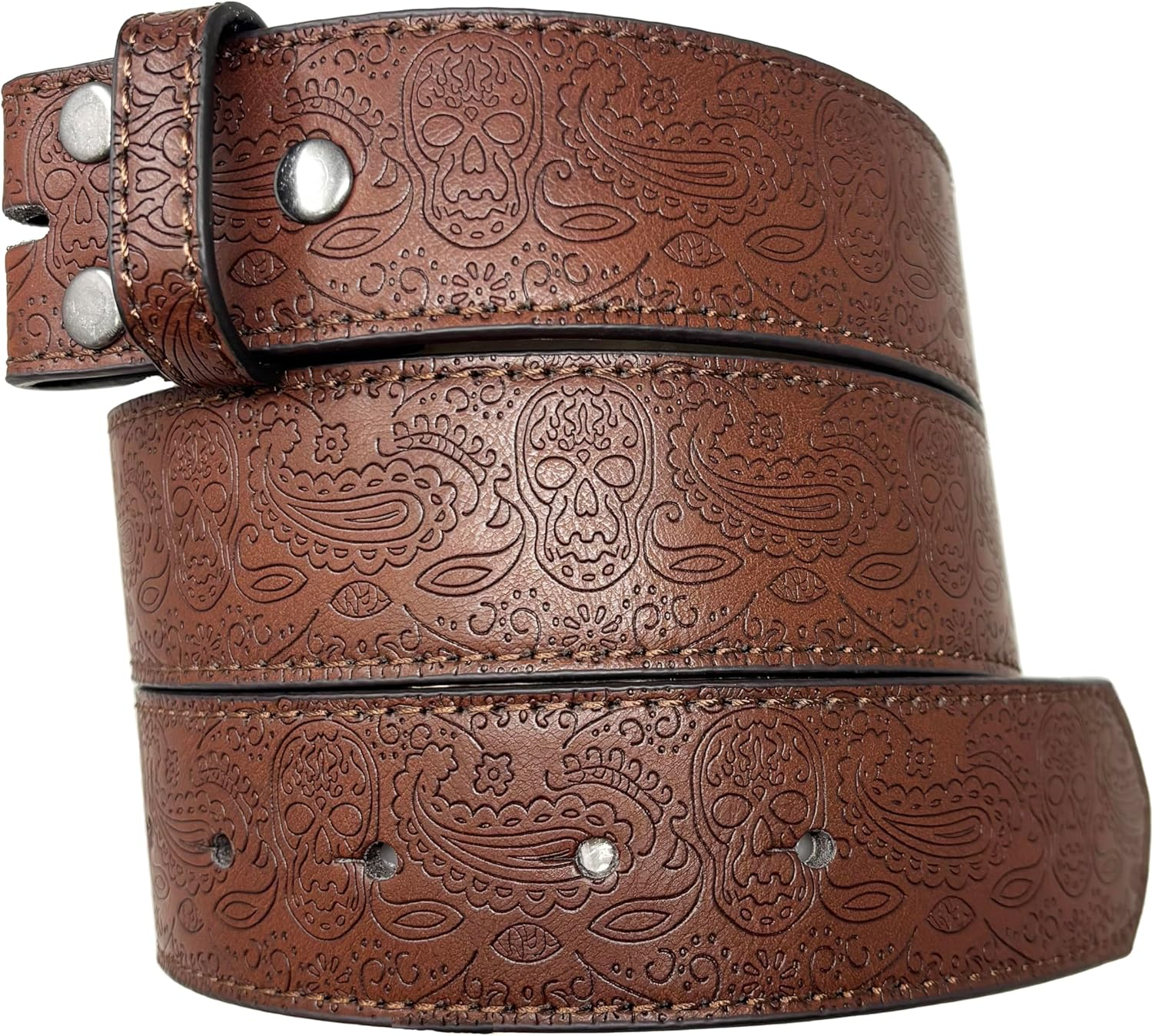 Leather Belt Strap with Western Skull and Paisley Embossed Pattern 1.5" Wide with Snaps