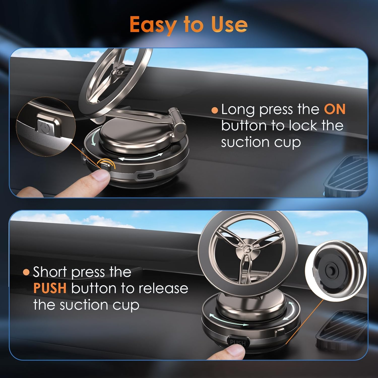 360&deg; Electric Magnetic Vacuum Phone Holder, Double Sided Attachment Car Phone Mount, Hands Free Magnetic, Double Sided Holder for Car Dashboard Mounting, Smooth Surfaces (Black) image number 1