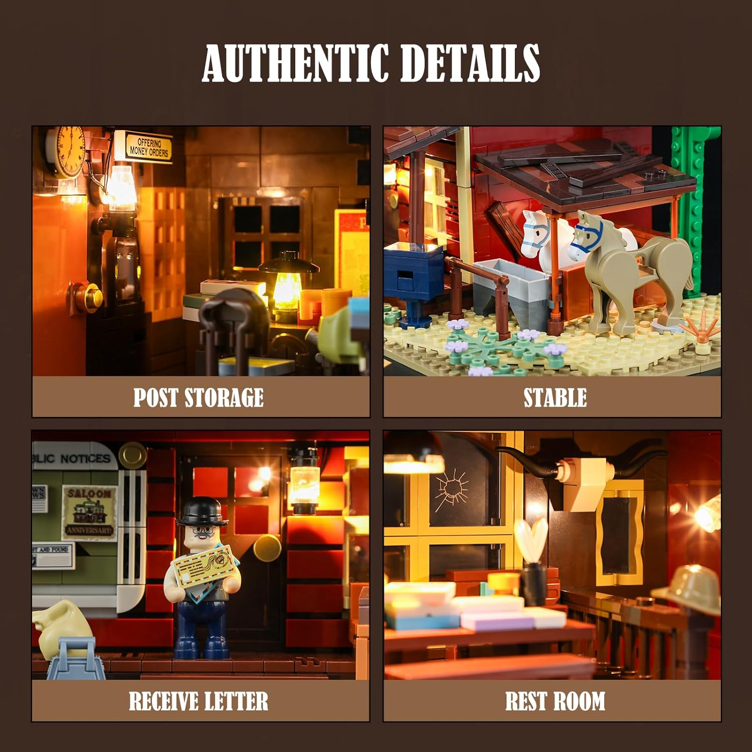 FUNWHOLE Old West Post Office Lighting Building-Bricks Set - 1692 Pcs the Wild West Town Collection Display Set for Adults and West Lovers image number 6