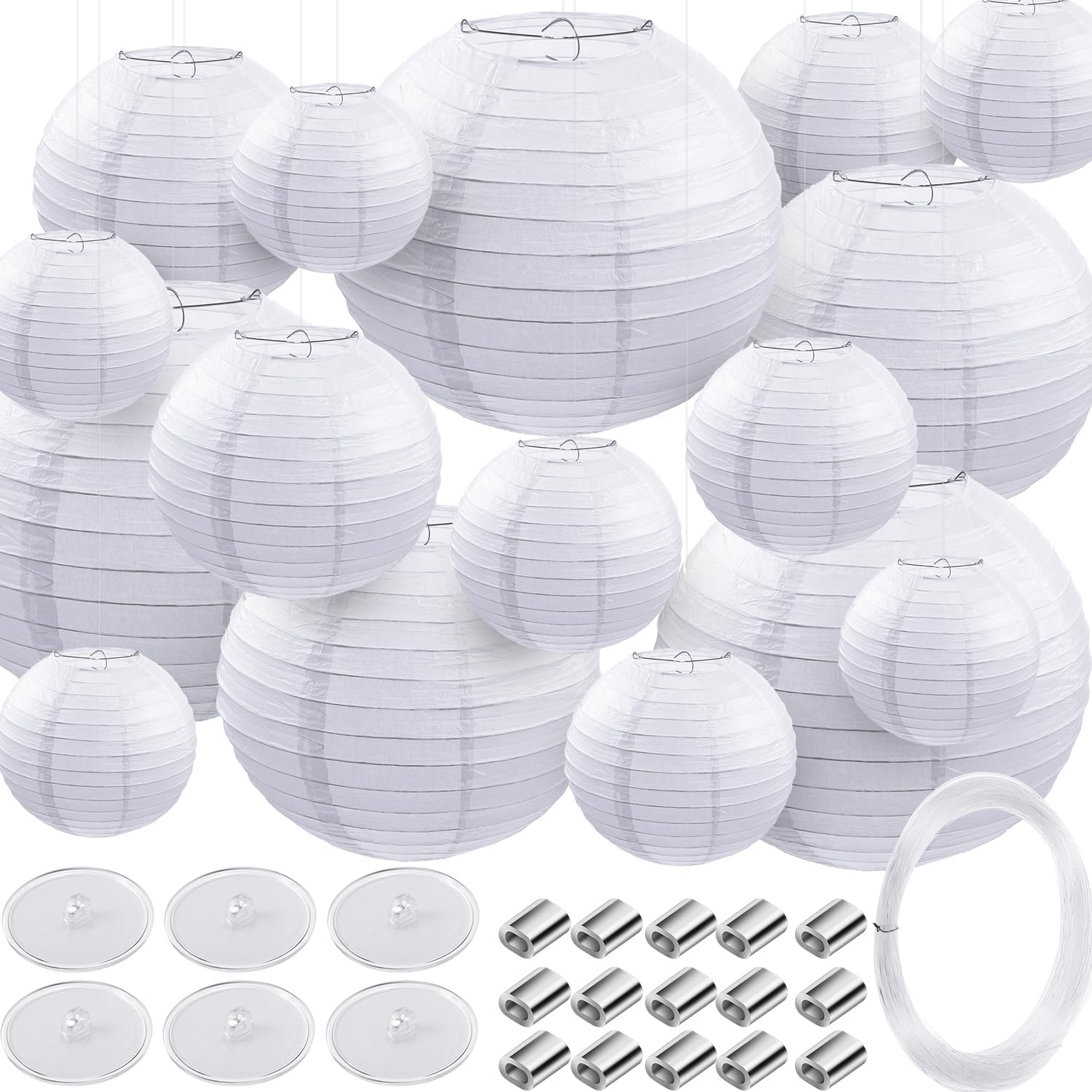 79 Pieces round Chinese Paper Lantern Set, Decorative Assorted Sizes Lanterns with 20 Meter Clear Nylon Thread Crimping Loop Sleeve and Adhesive Ceiling Hook for Wedding, Party, Event