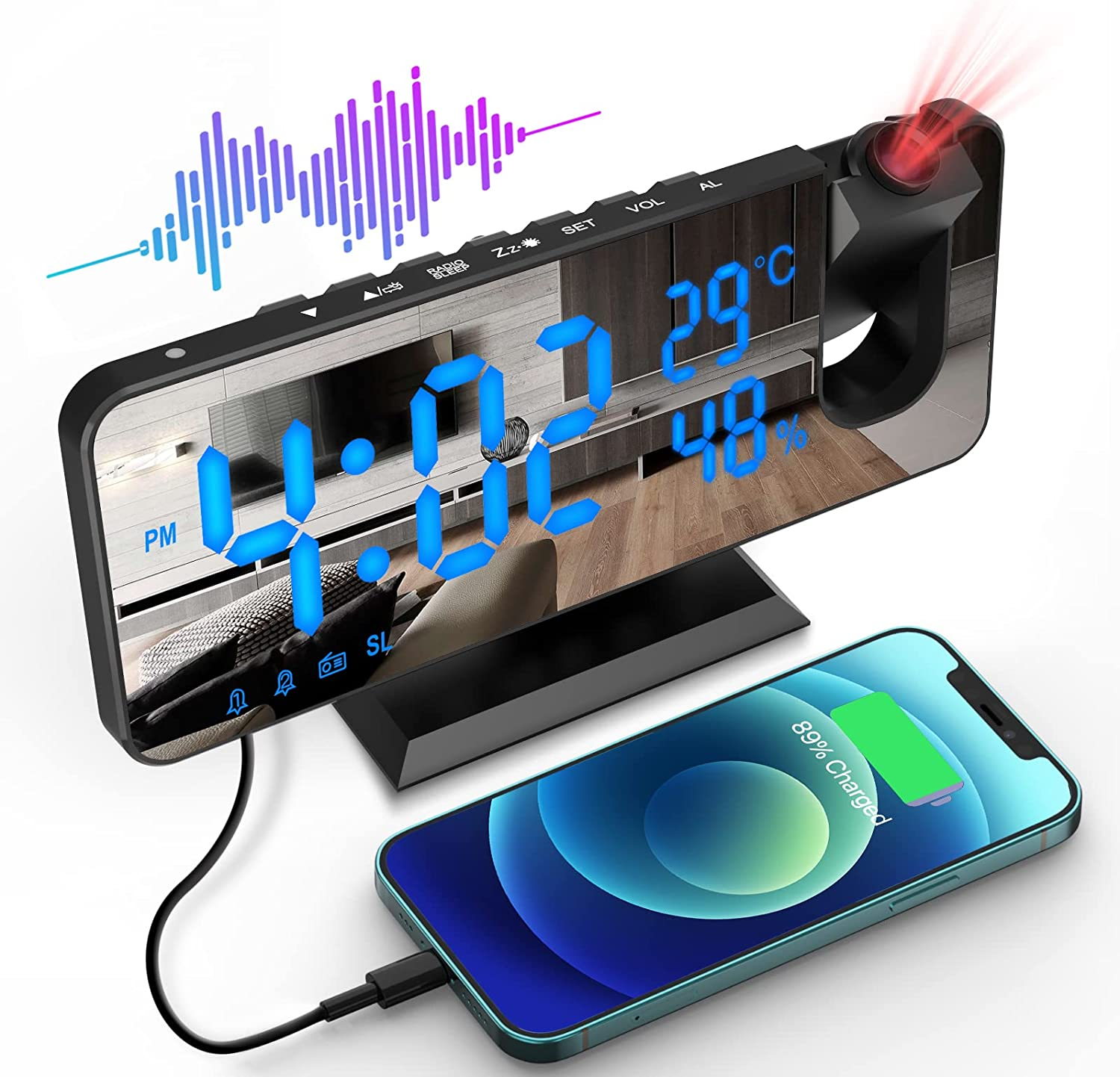 Projection Digital Alarm Clock for Bedroom, Beedove FM Radio Alarm Clock, Dual Alarm Clock with 3 Dimmer,Snooze,Timer,180&deg;Rotatable Ceiling Projection Alarm Clock for Home Decor, Desk, Office, White