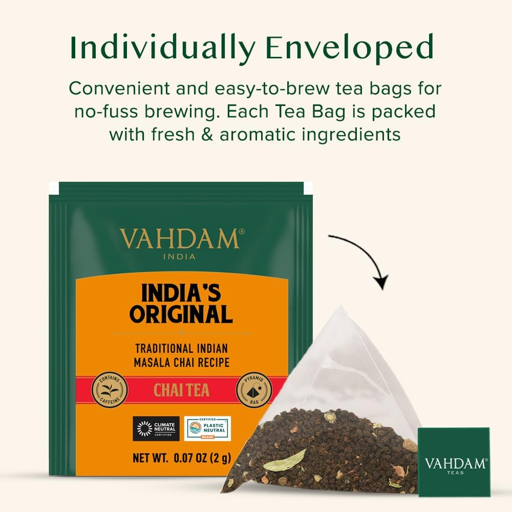 VAHDAM, India'S Original Masala Chai Tea Bags (15 Count) Non GMO, Gluten Free, No Added Flavoring | Blended W/Savory Exotic Spices | Individually Wrapped Pyramid Tea Bags | Direct from Source
