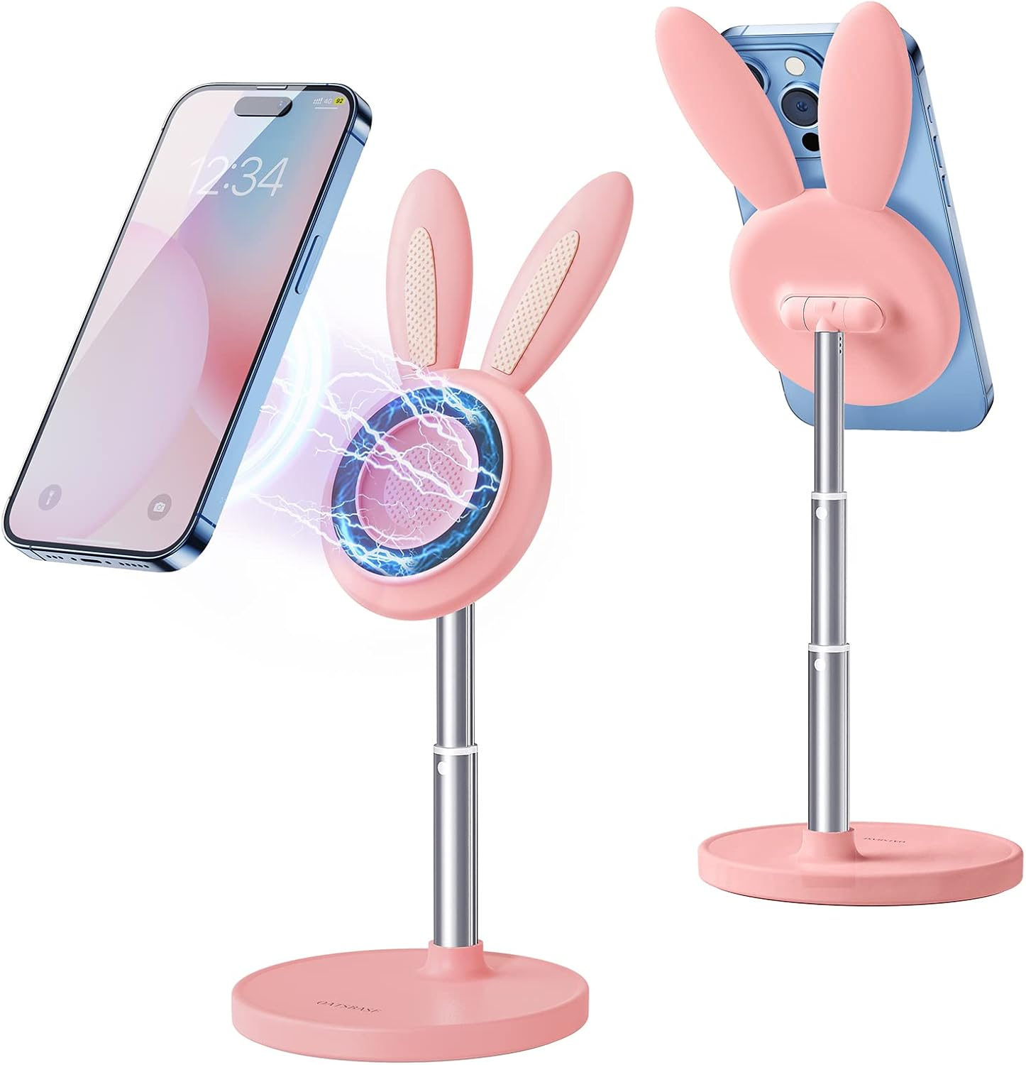OATSBASF Magnetic Desk Cute Phone Stand for Magsafe, Adjustable Bunny Phone Holder Stand for Iphone 14/13/12, Comes with a Magnetic Patch for All Phones (M-Pink) (TZZJ-P)