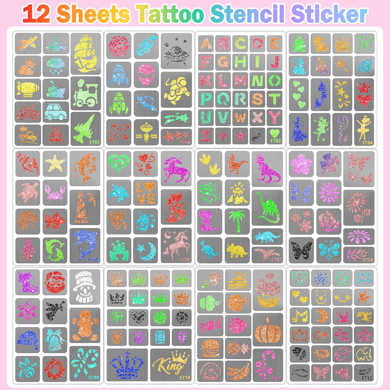 Yazhiji 183PCS Temporary Tattoo Stencils, Paint Stencils Kit for Face & Body, Glitter Tattoos, Kids & Adults, Waterproof, A5 Size, 12 Sheets image number 1