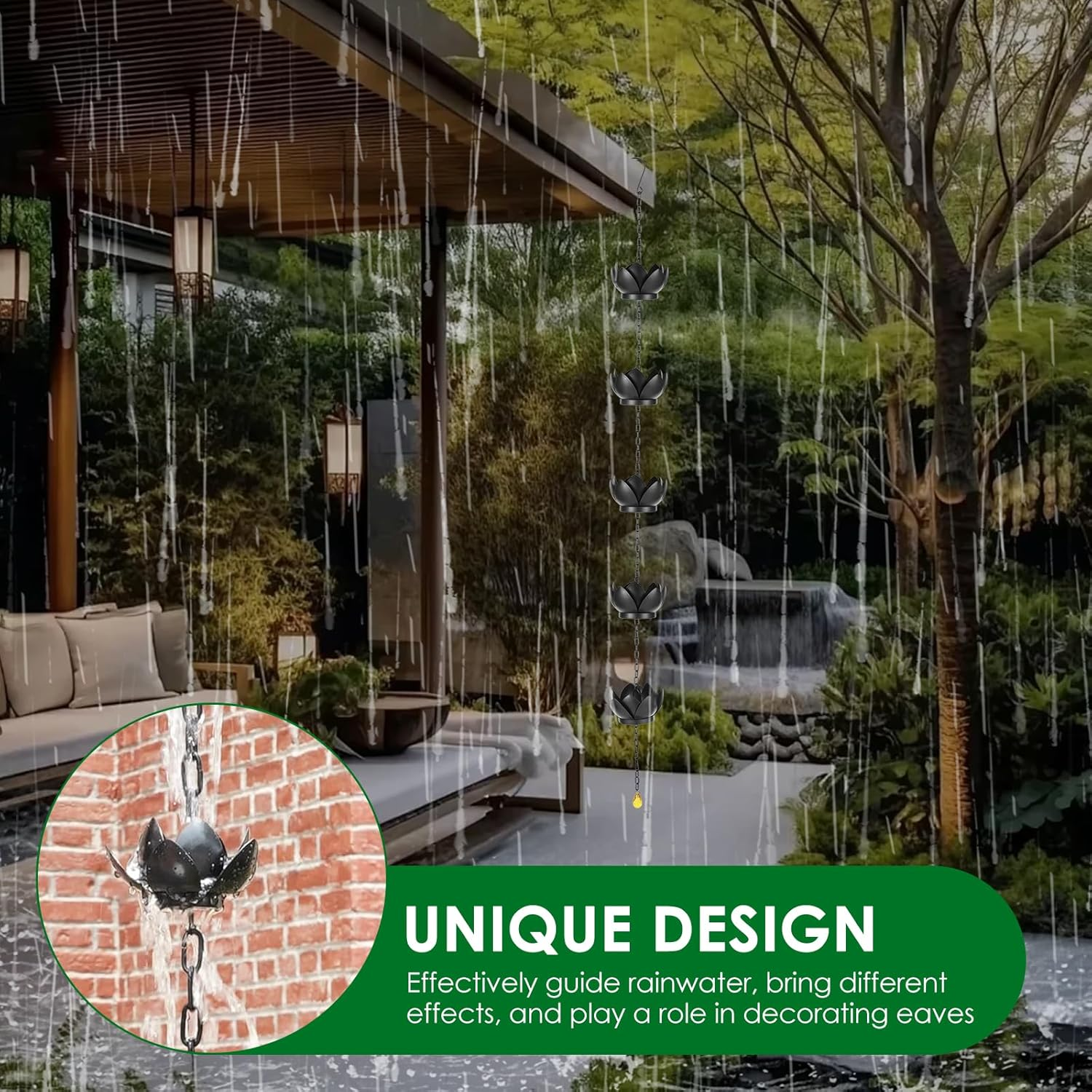 Rdjeokf Metal Rain Chain Replacement, with S Hook Adjustable Length, Imitation Water Lily Rain Chain, Premium Rain Chains for Gutters image number 3