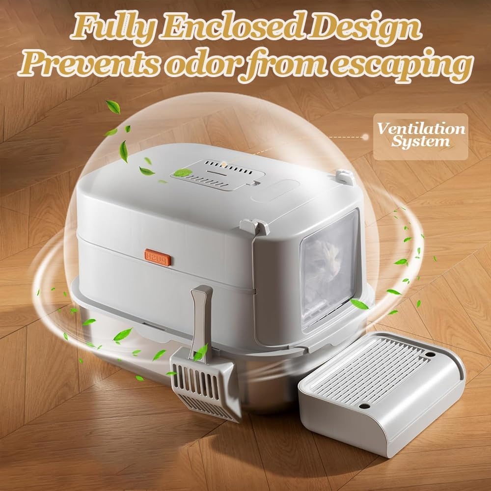 Stainless Steel Removable Cat Litter Box with Lid, Closed Metal Cat Litter Box with High-Sided Shell and Cat Litter Scoop, Leak-Proof, Suitable for Large Cats (Gray)