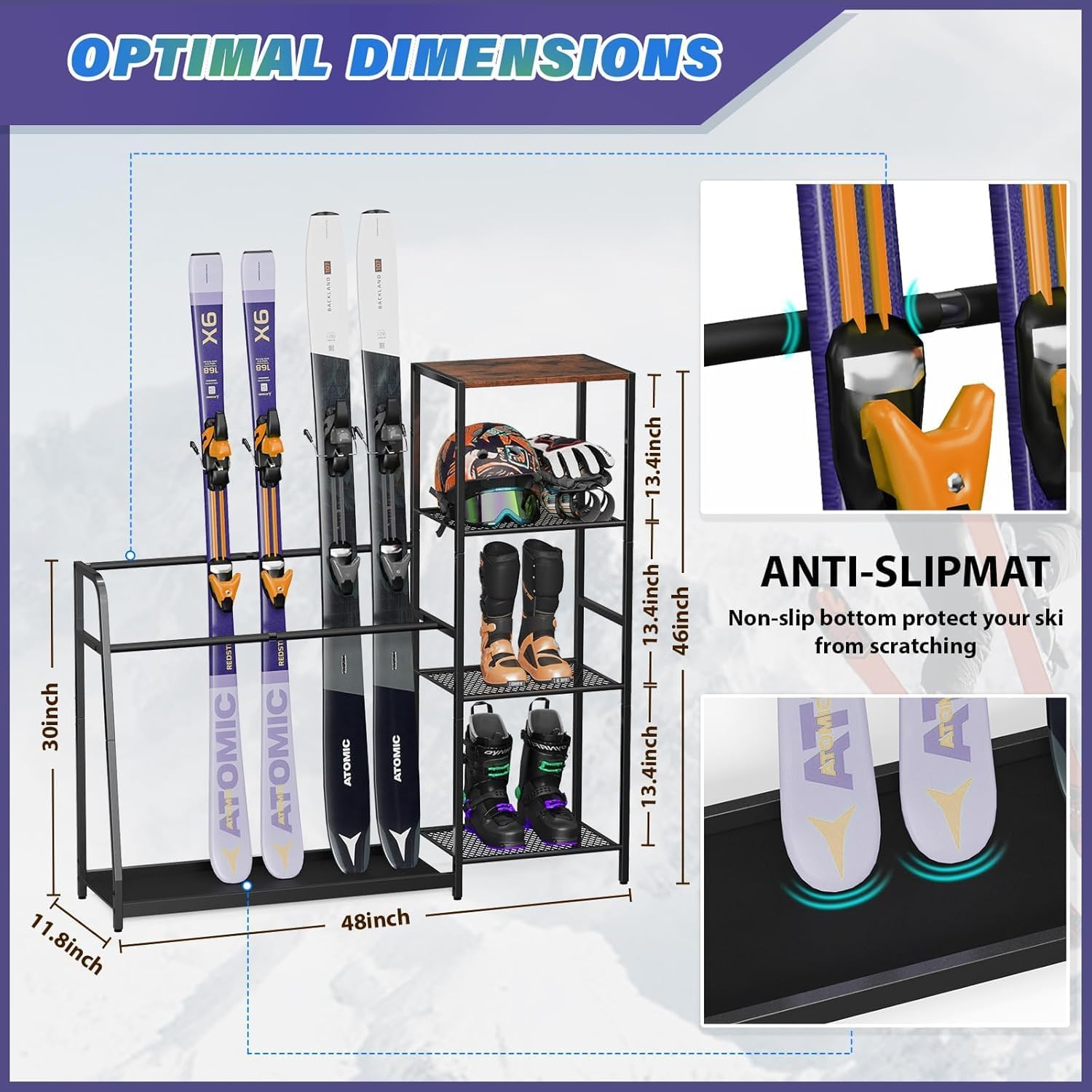 Yoimori Freestanding Snowboard Rack - 4 Pair Ski, 3 Pack Snowboard, Boot, Pole, Goggles, Helmet Rack for Garage, Shed, Basement image number 2