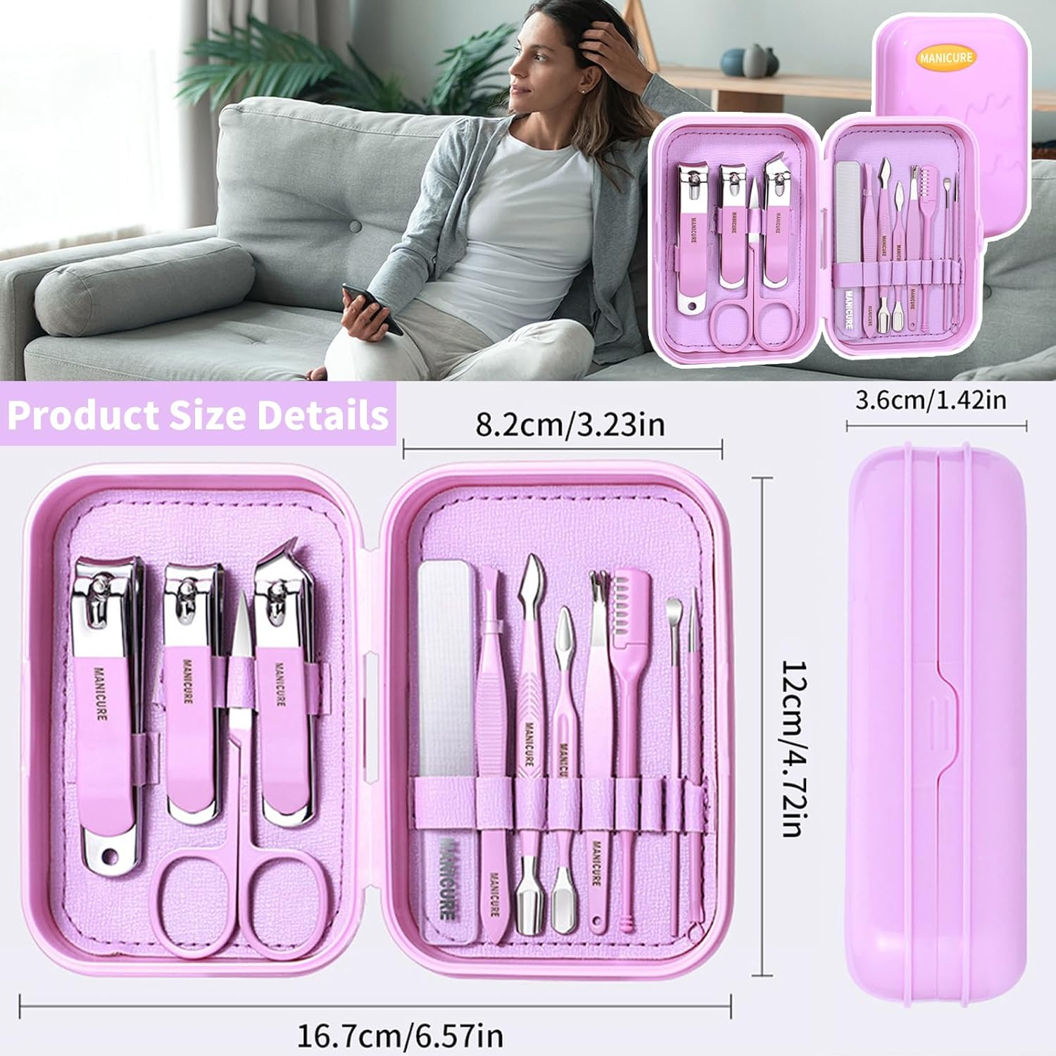 13-In-1 Nail Kit, Manicure Set with Tweezers/Nail File/Nail Clippers/Cuticle Trimmer/Facial Care Tools, Professional Manicure & Pedicure Set, Travel Portable Nail Cutter Set for Men Women (Purple) image number 5