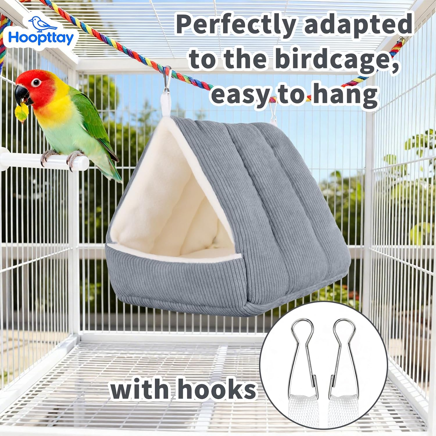 Hoopttay Medium Winter Warm Bird House and Bird Bed for Cage with Soft Plush Hanging Hammock & Hut Tent, Hideaway Sleeping Nest for Budgies, Parakeets, Cockatiels (Grey, M) image number 4