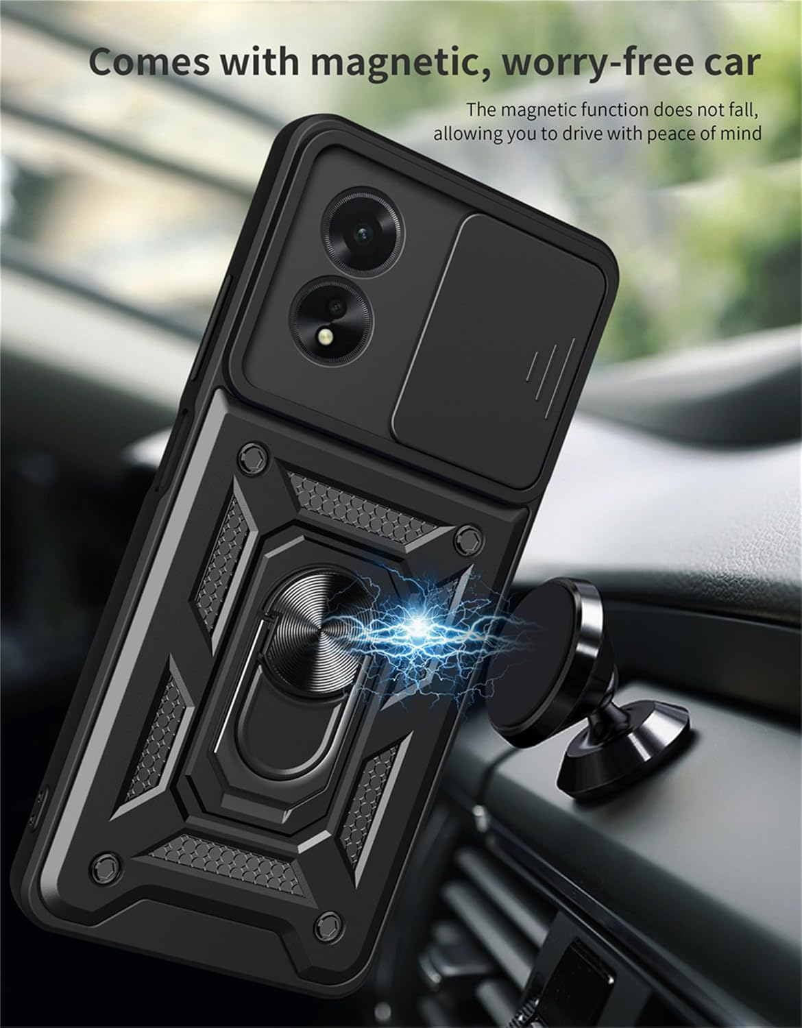 Nexue Case for Oppo A5 Pro 5G,TPU Rugged Heavy Duty Cover with PC Folding Bracket and Sliding Camera Lens Protection,Magnetic Car Mount Supported,Impact-Resistence, ﻿Black image number 2