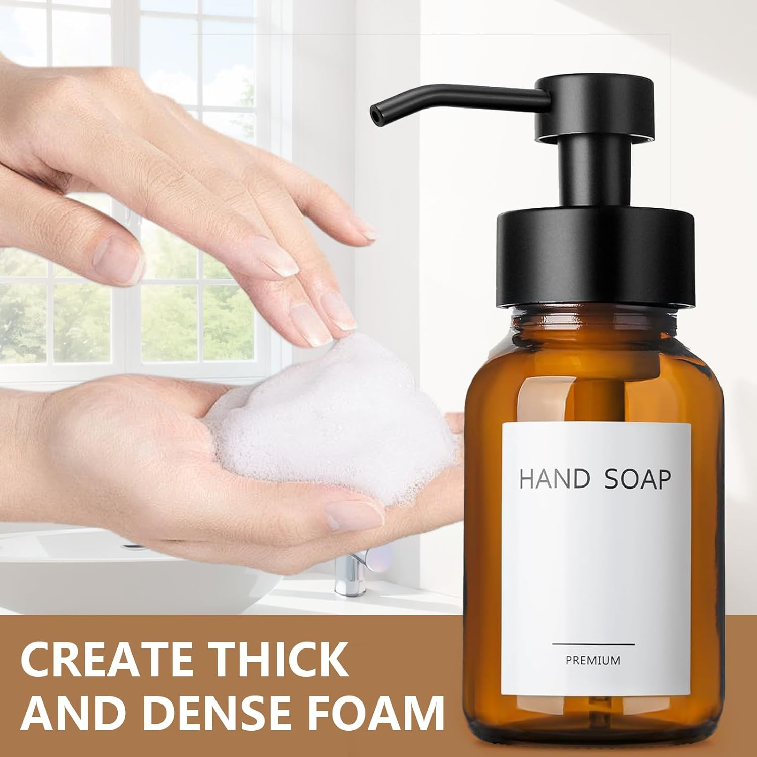 Foaming Soap Dispenser, 8.5 Oz Amber Glass Foam Soap Dispenser for Bathroom & Kitchen, 2 Pack Modern Refillable Foaming Hand Soap Dispenser, Foam Pump Bottle with Waterproof Labels image number 2