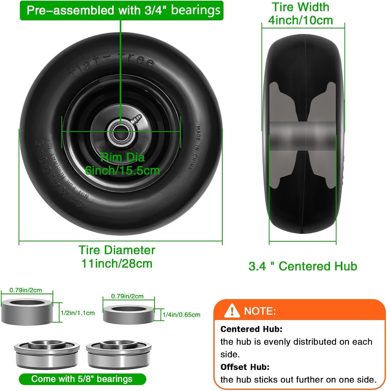 11X4.00-5" Lawn Mower Tire on Wheel Flat Free 2 PCS, 3/4" or 5/8" Bearing, Solid Mower Wheel for Residential and Commercial 3.4"-5" Centered Hub, Zero Turn Mower Front Tires image number 4