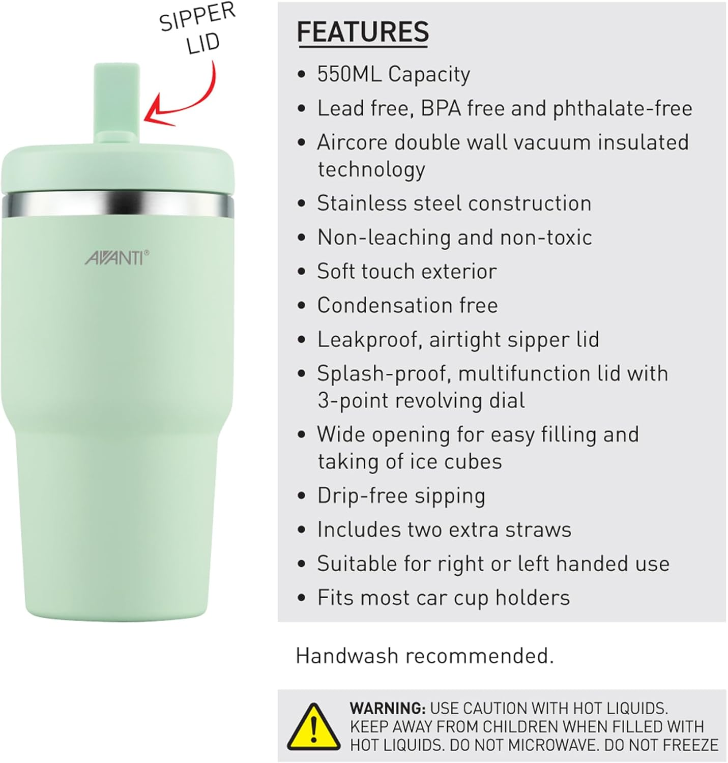 Avanti Hydroquench Stainless Steel Insulated Smoothie Tumbler with 2 Lids 550Ml, Soft Mint - Agave image number 6