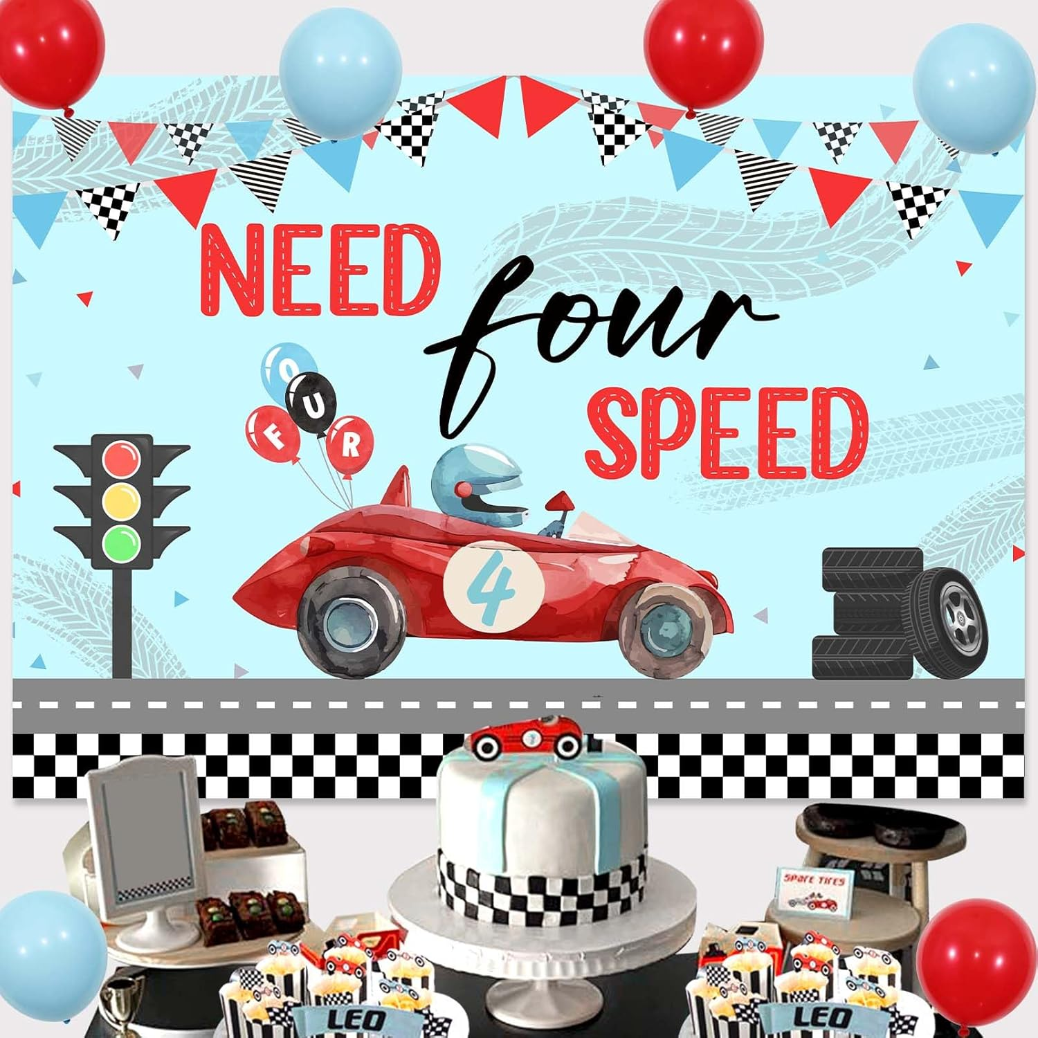 Wonmelody Race Car 4Th Birthday Party Backdrop Need Four Speed Backdrop Banner Race Car 4Th Birthday Decors Red Blue Race Car Vintage Photography Background Supplies for 4Th Boys (7 * 5Ft) image number 3