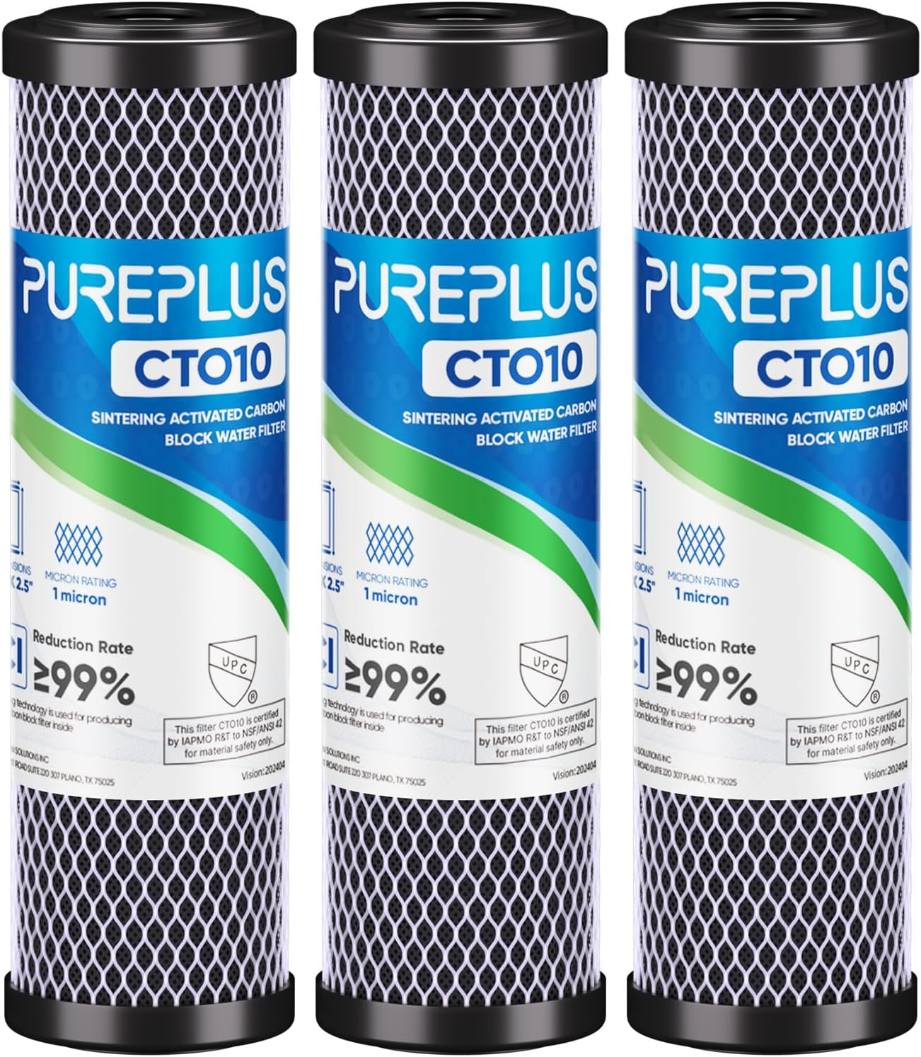 1 Micron 2.5" X 10" Whole House CTO Carbon Water Filter Cartridge Replacement for under Sink Water Filter System, Dupont WFPFC8002, WFPFC9001, FXWTC, SCWH-5, WHEF-WHWC, WHCF-WHWC, AMZN-SCWH-5, 3Pack image number 1