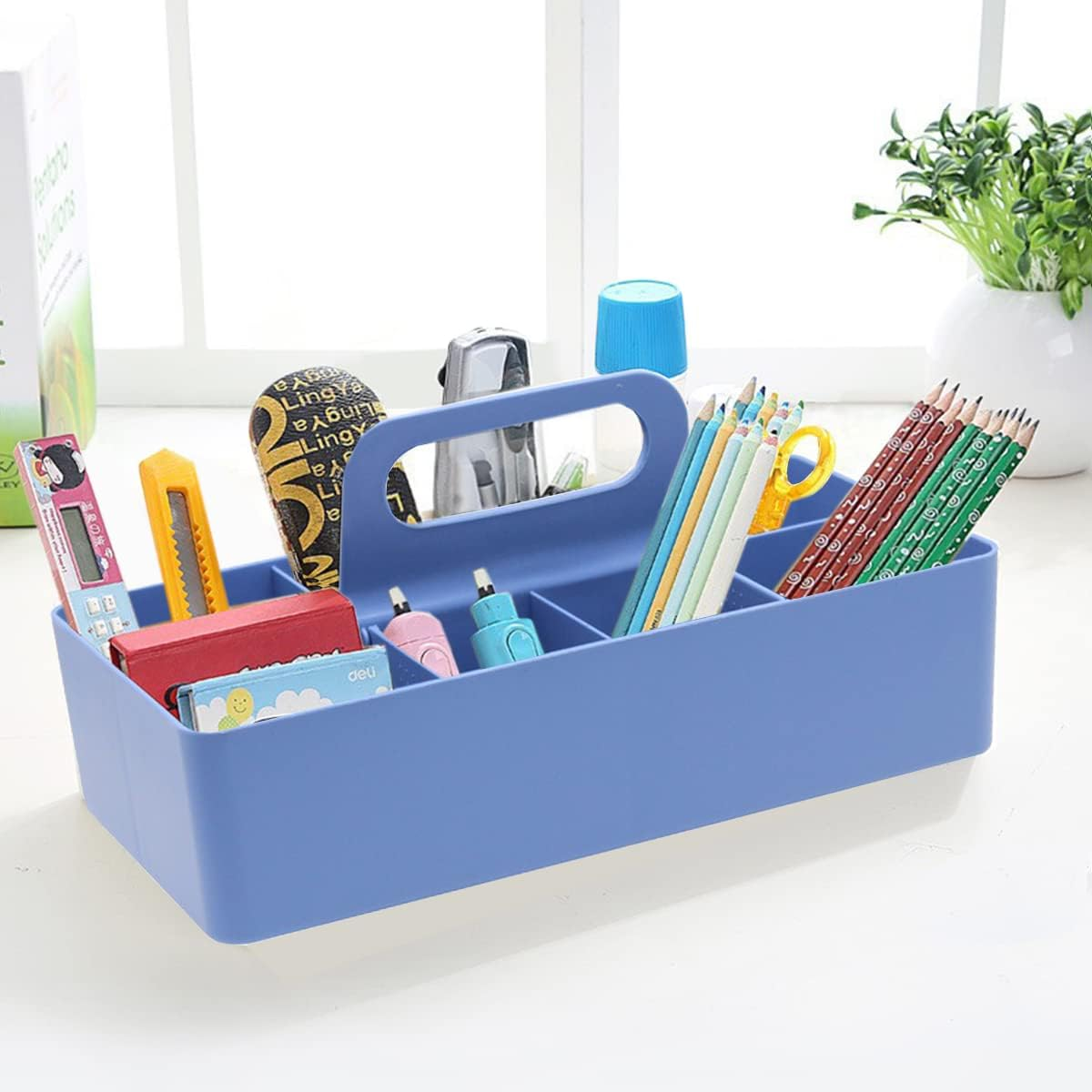 8 Slots Stackable Desk Organiser for Stationery, Arts & Craft Supplies, Portable Plastic Storage Containers Basket with Handle, Adjustable Makeup Organisers Case for Bathroom, Bedroom, & Home Office