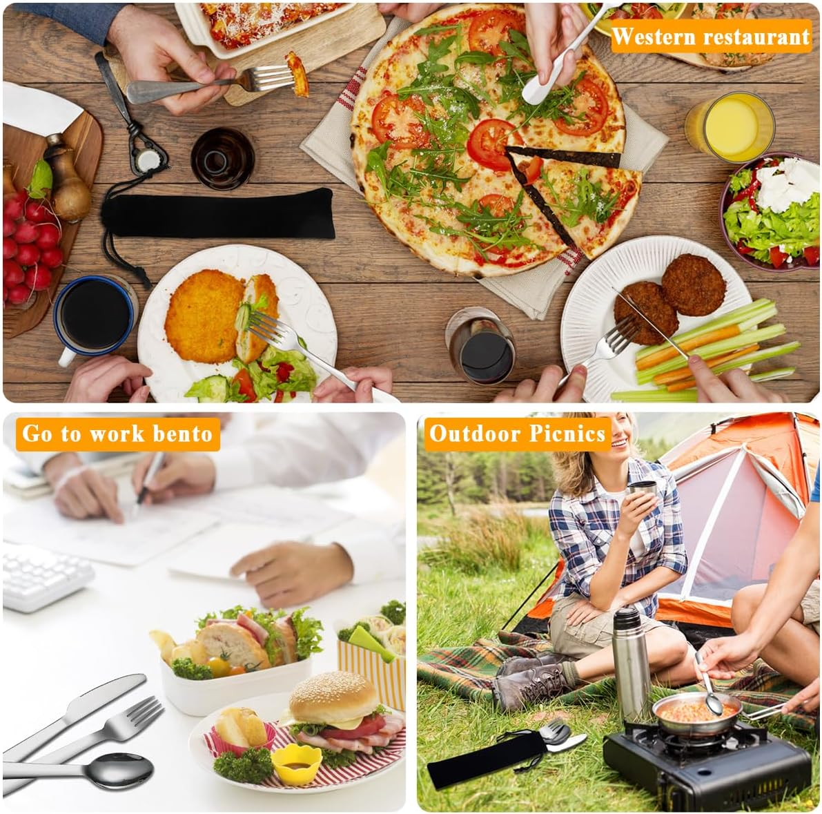 Evanda Camping Cutlery 2 Pack, Includes Knife Fork Spoon, Stainless Steel Travel Cutlery with Black Bag, for Outdoor, Picnic, Camping, Travel, Dishwasher Safe