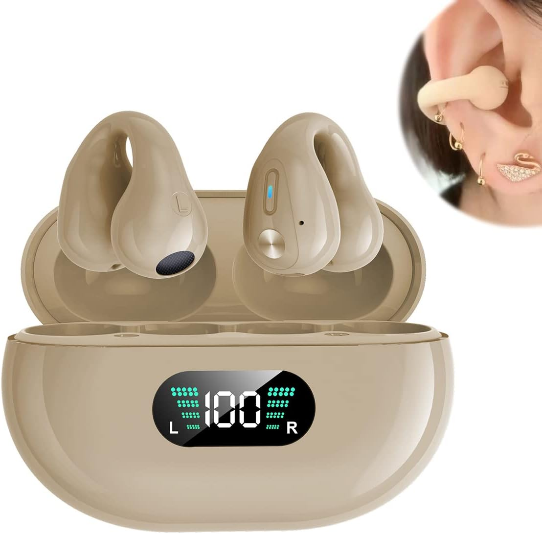 Wireless Ear Clip Bone Conduction Earbuds Open Ear Headphones Bluetooth 5.3, Mini Clip on Sport Earphone Painless Wireless Bluetooth Headset for Running Driving Workout, LED Battery Display Black