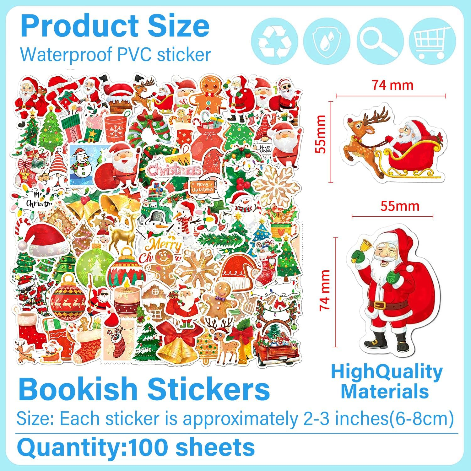 2025 Christmas Stickers, 100 Holographic Laser Holiday Gift Decoration Stickers, Reusable Waterproof Christmas Stickers, Christmas Basket Stuffers, Party Favors for Kids, Merry Christmas Decorations image number 1