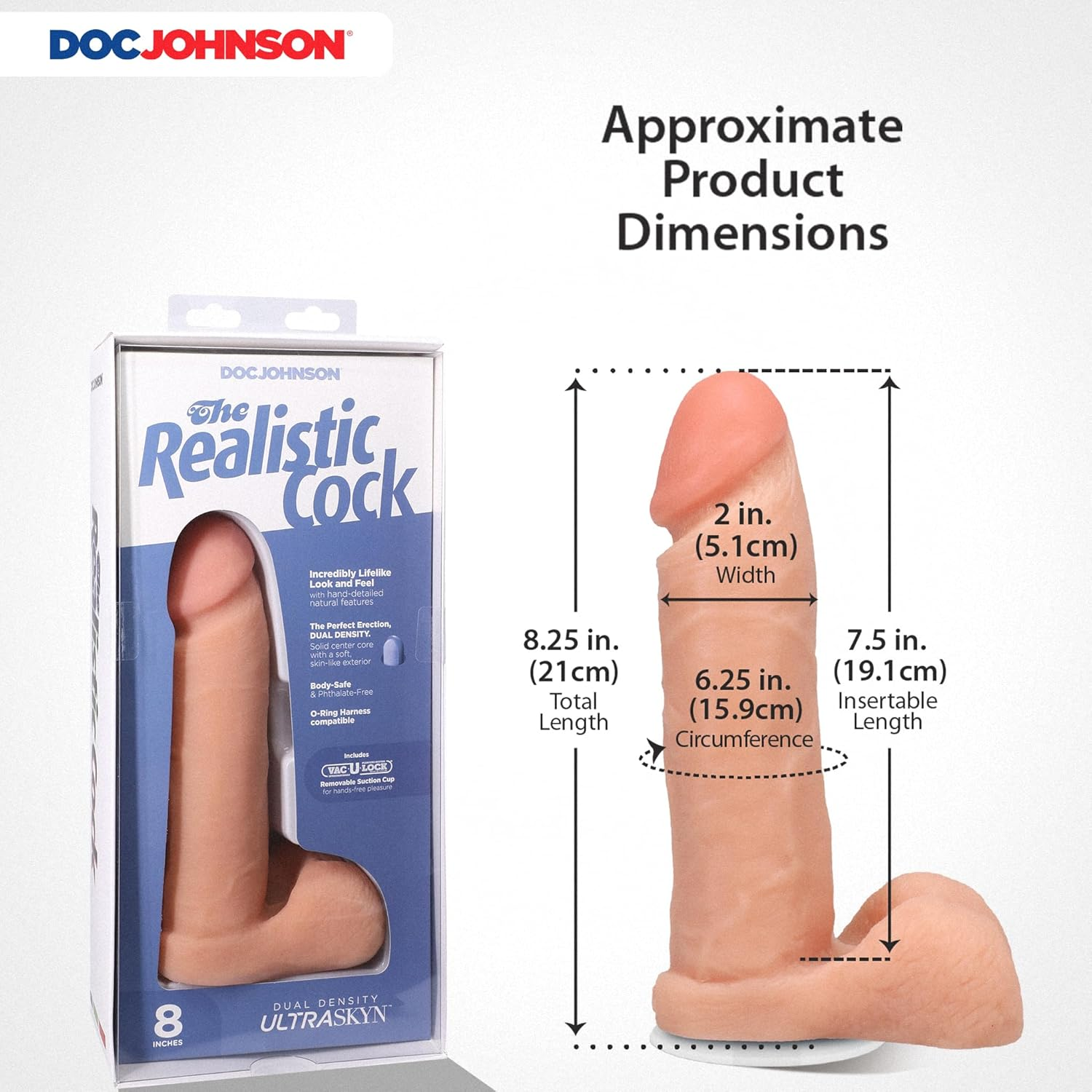 Doc Johnson the Realistic Cock with Removable Suction Cup - ULTRASKYN - 8 Inch - F-Machine and Harness Compatible Dildo - Vanilla image number 5