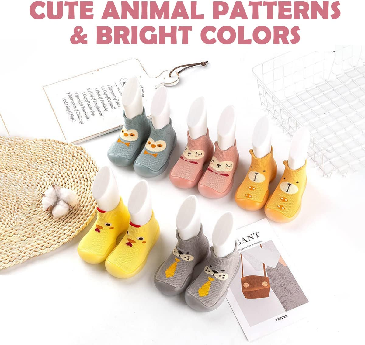 Anti-Slip Baby Toddler First Walking Sock Shoes, [Cute Animal] Cotton Lightweight Slip-On Shoes with Soft Rubber Sole Unisex Non-Skid Indoor Outdoor Floor Slipper Breathable Kid Girls Boys Socks Boots image number 4