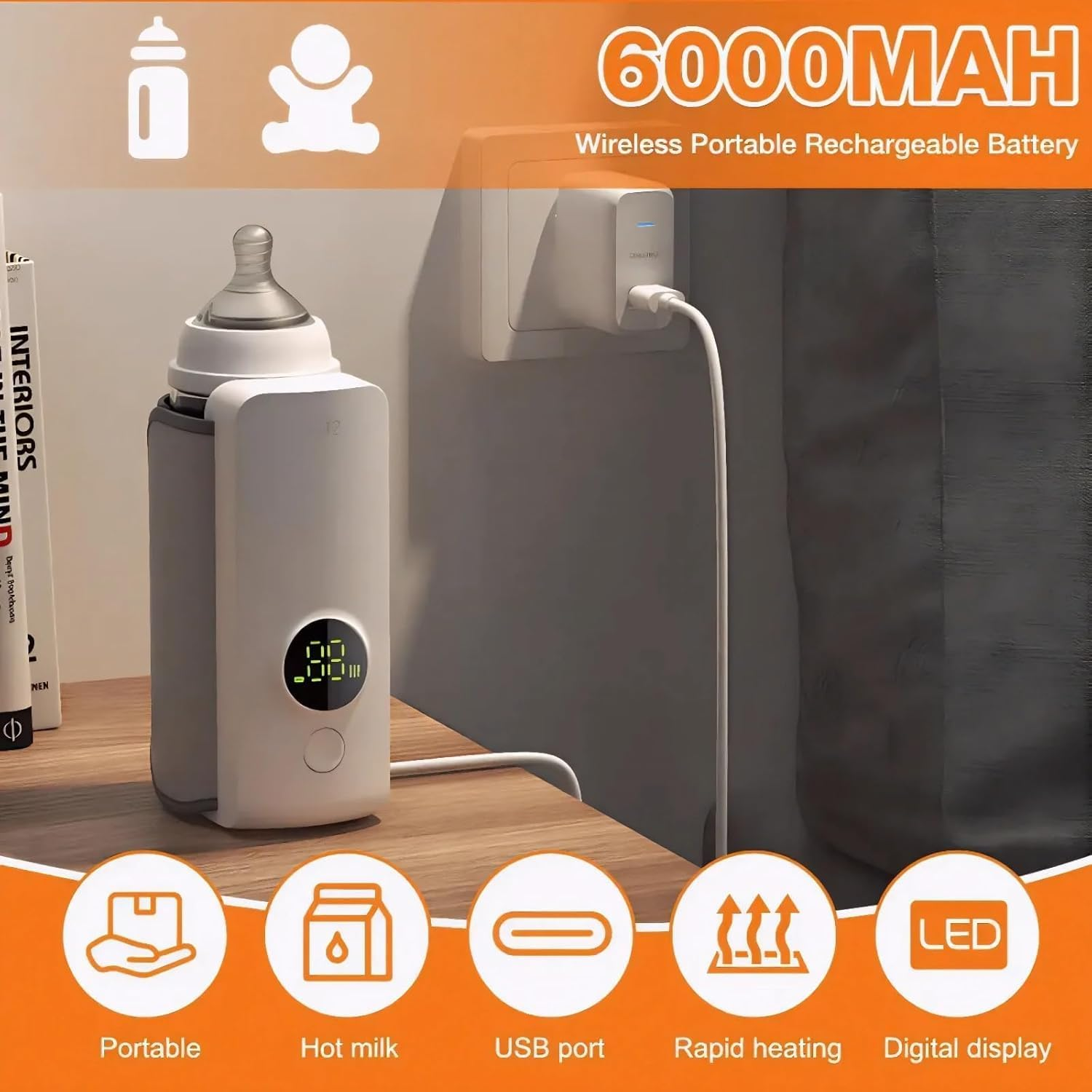 Baby Bottle Warmer, Portable Bottle Warmer with 18W Fast Charging and 6-Speed Temperature Control, 360 Degree Wrap Even Warming image number 2