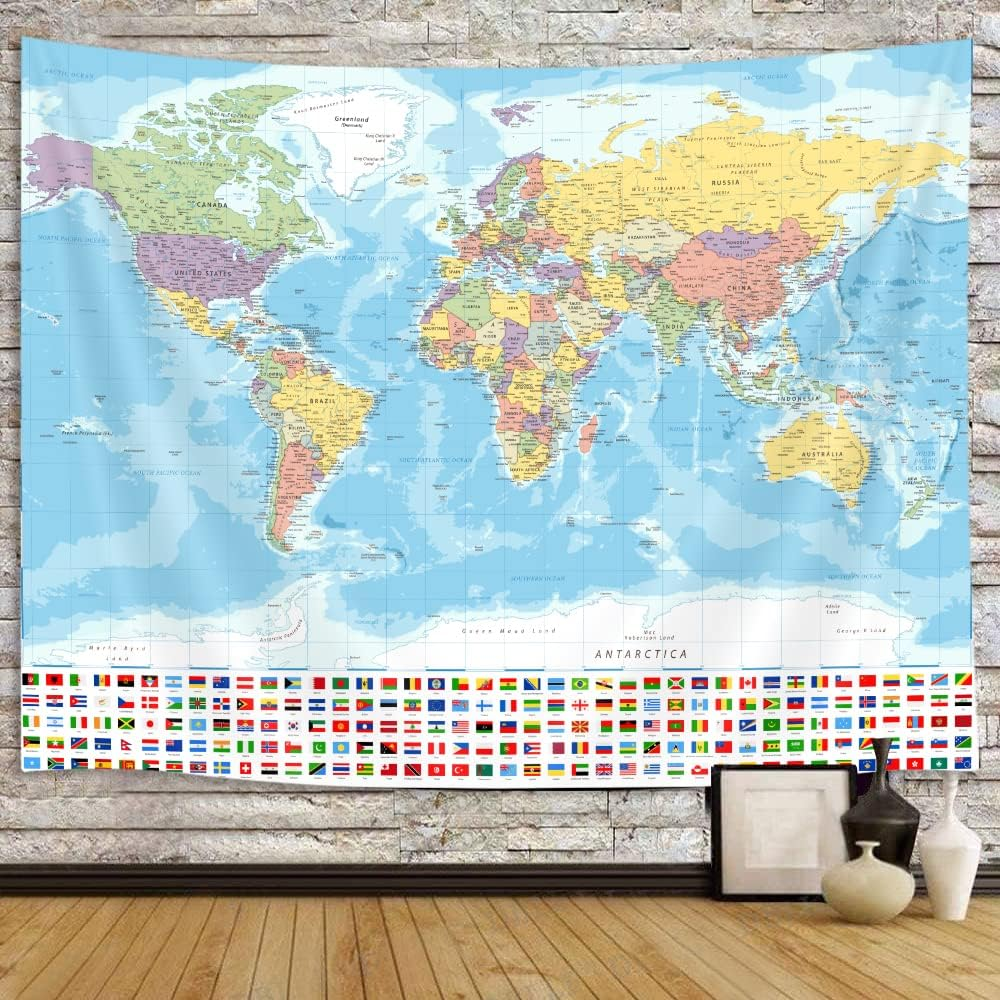 World Map Tapestry Wall Hanging, Map of the World with National Educational Wall Tapestries Room Decor, Boys Girls Kids Map Wall Tapestry for Bedroom Living Room Office Classroom (80X60") image number 3